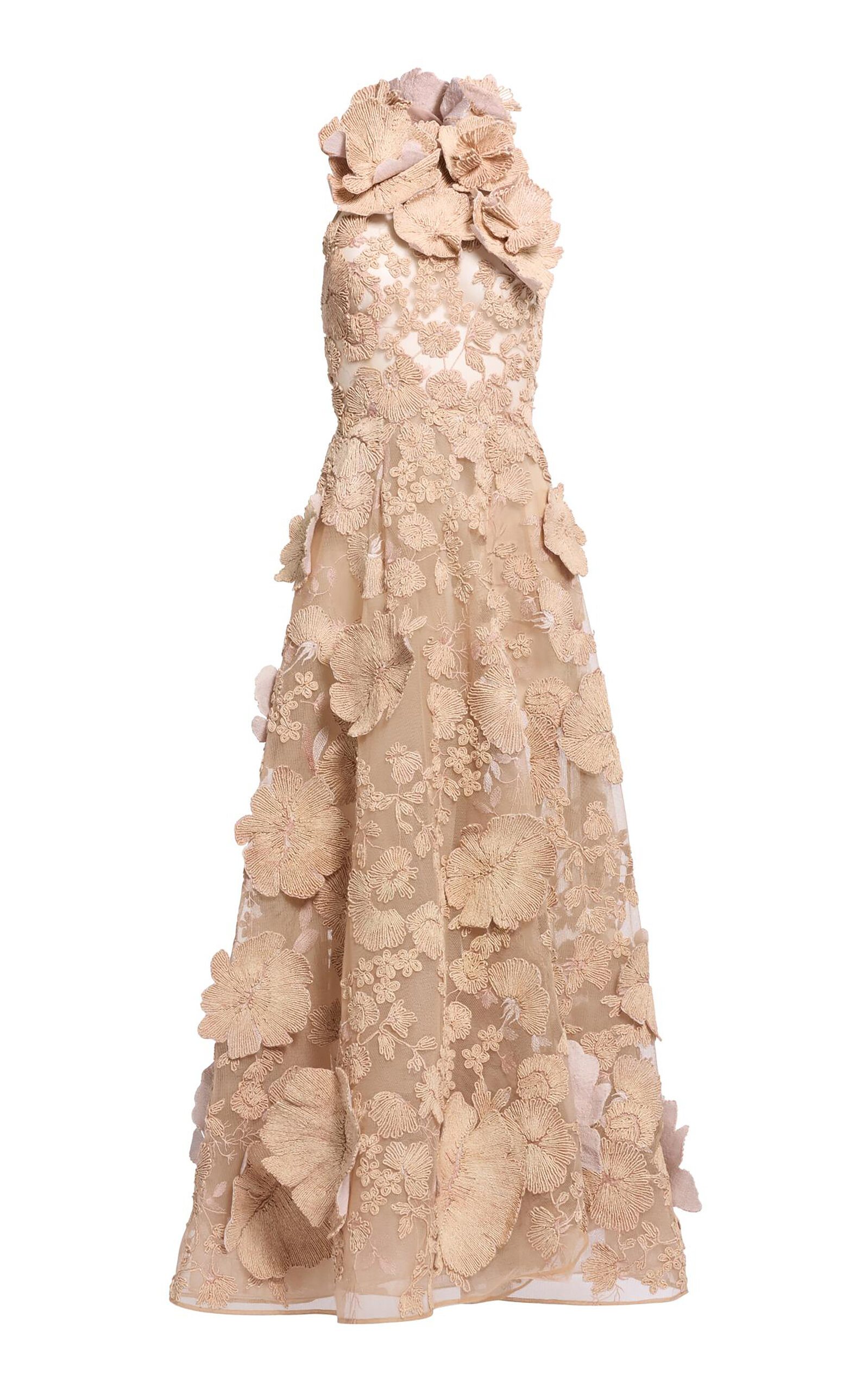 Elie Saab Raffia Embr. Tulle Midi Dress - Tan