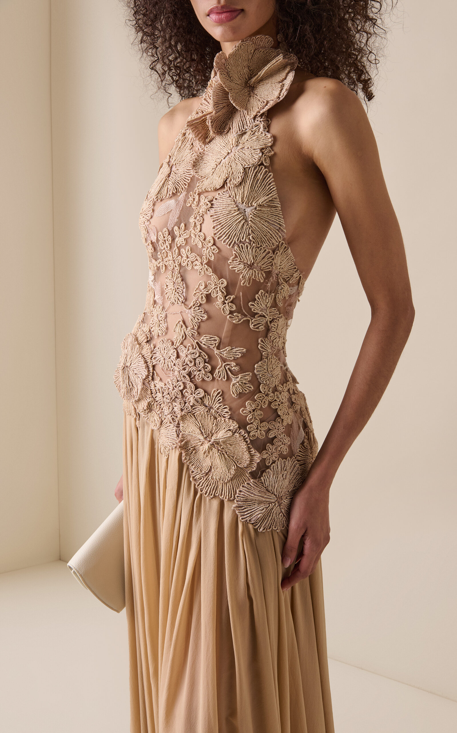 Elie Saab Raffia Embr. Tulle/silk Long Dress In Neutral