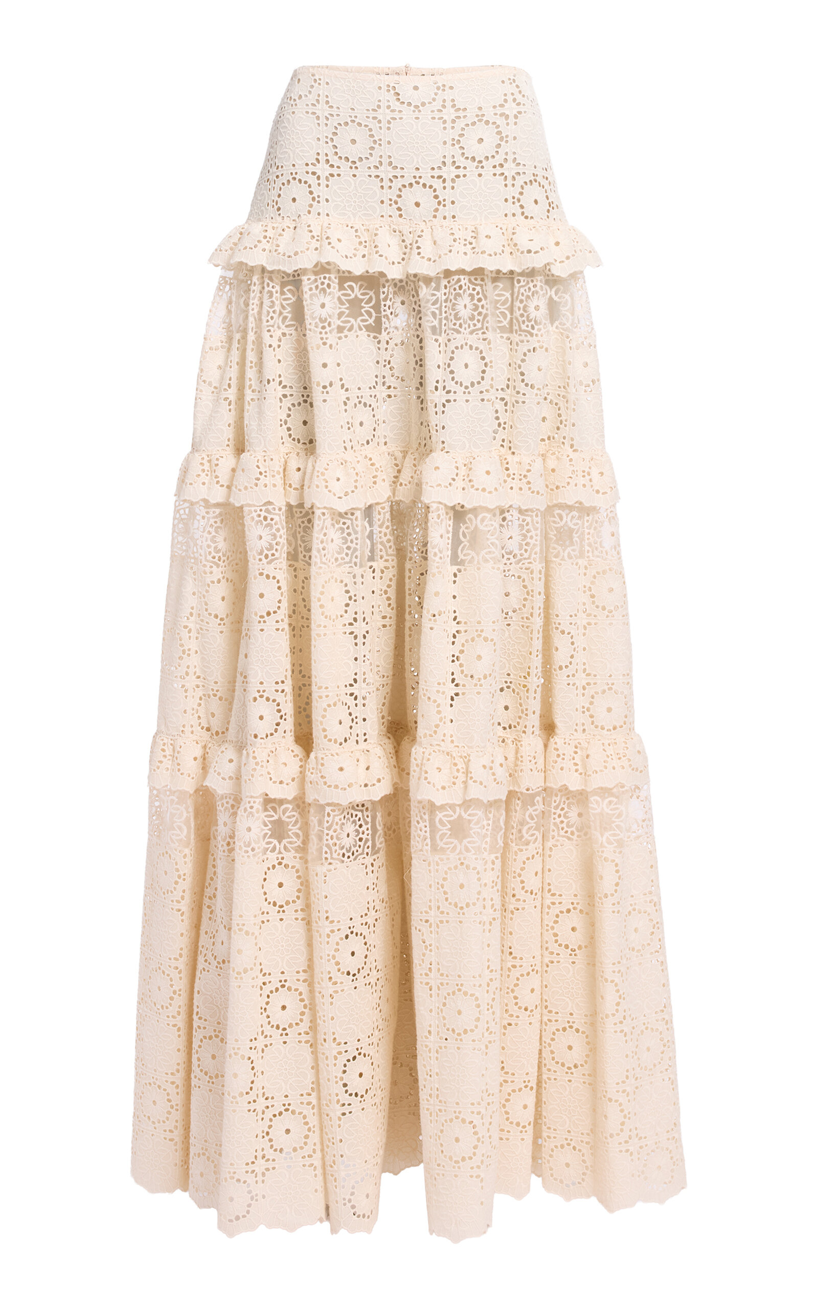 Elie Saab Cotton Embr. Macrame/Organza Long Skirt - Off-White