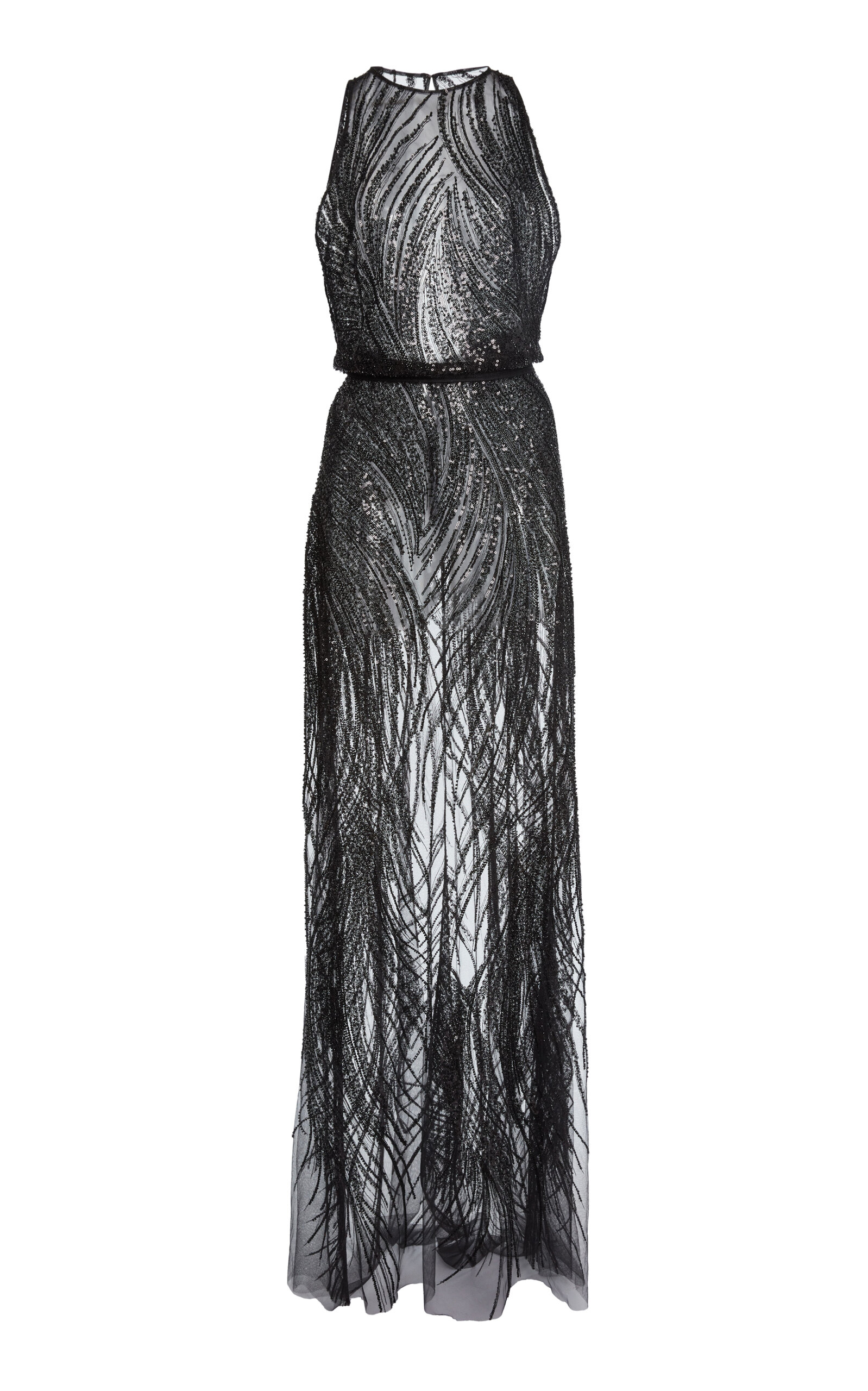 Zuhair Murad Embroidered Tulle Waves Halter Maxi Dress In Black