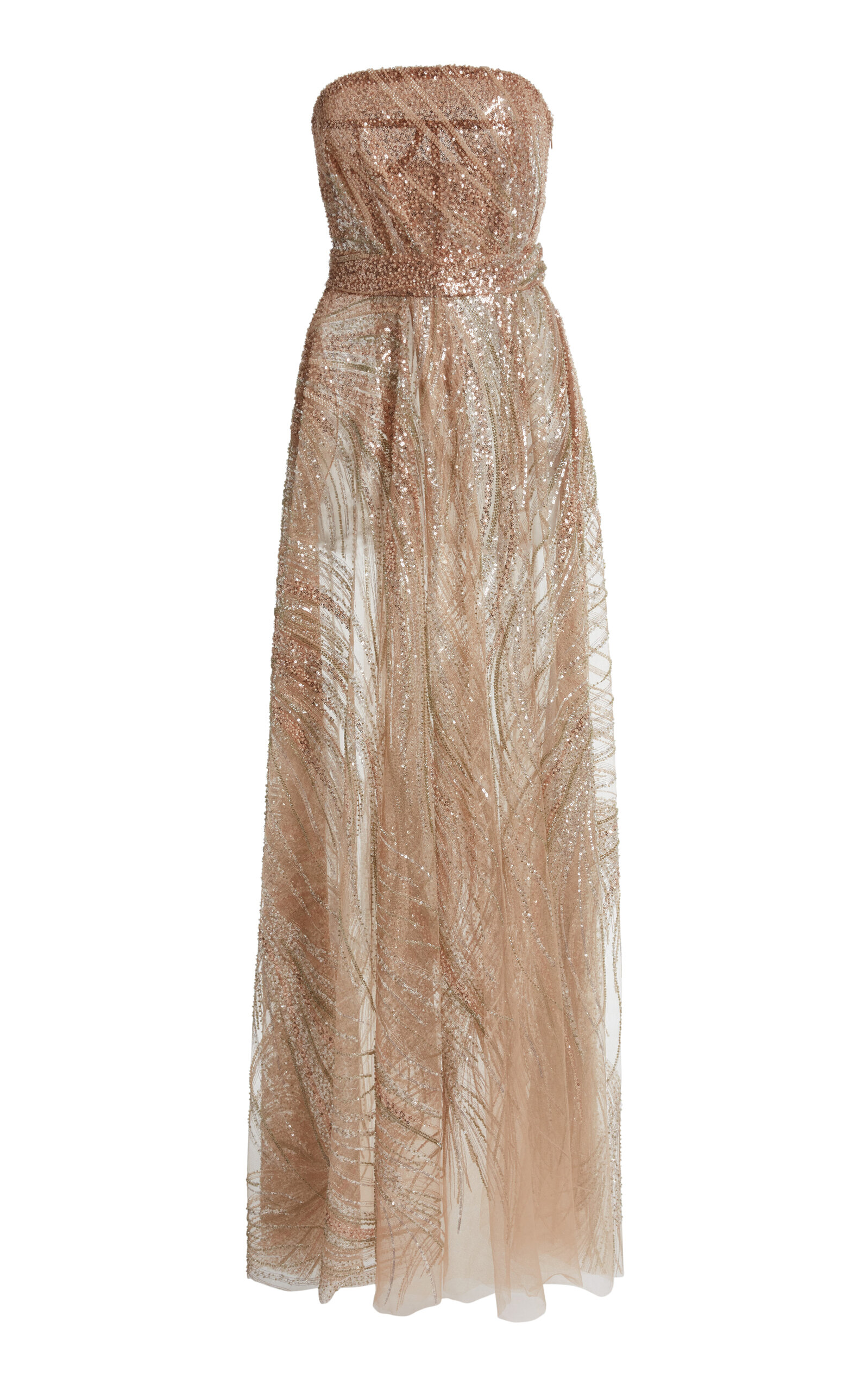 Zuhair Murad Embroidered Tulle Waves Strapless Maxi Dress In Brown