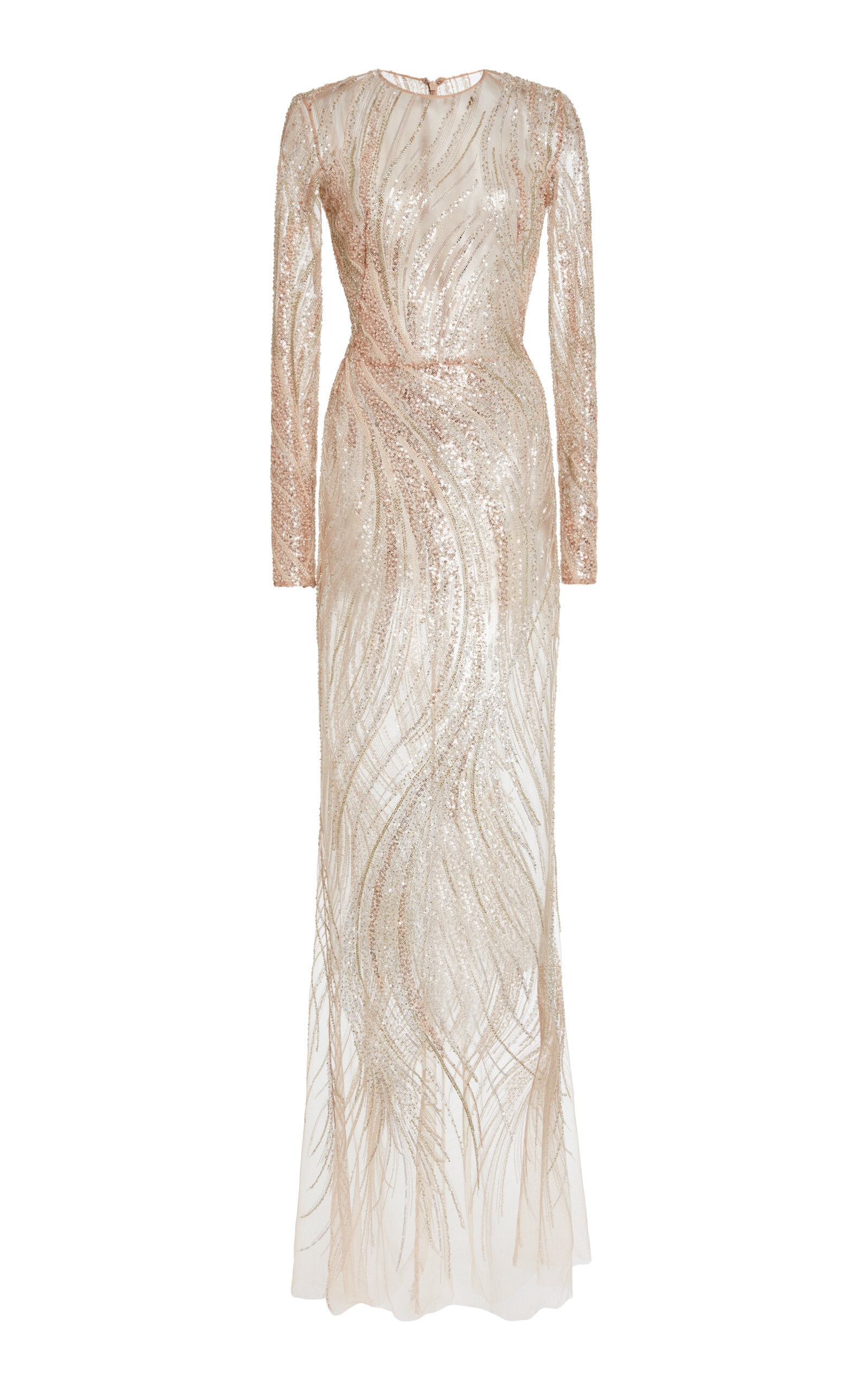 Zuhair Murad Embroidered Tulle Waves Long-sleeved Maxi Dress In Neutral