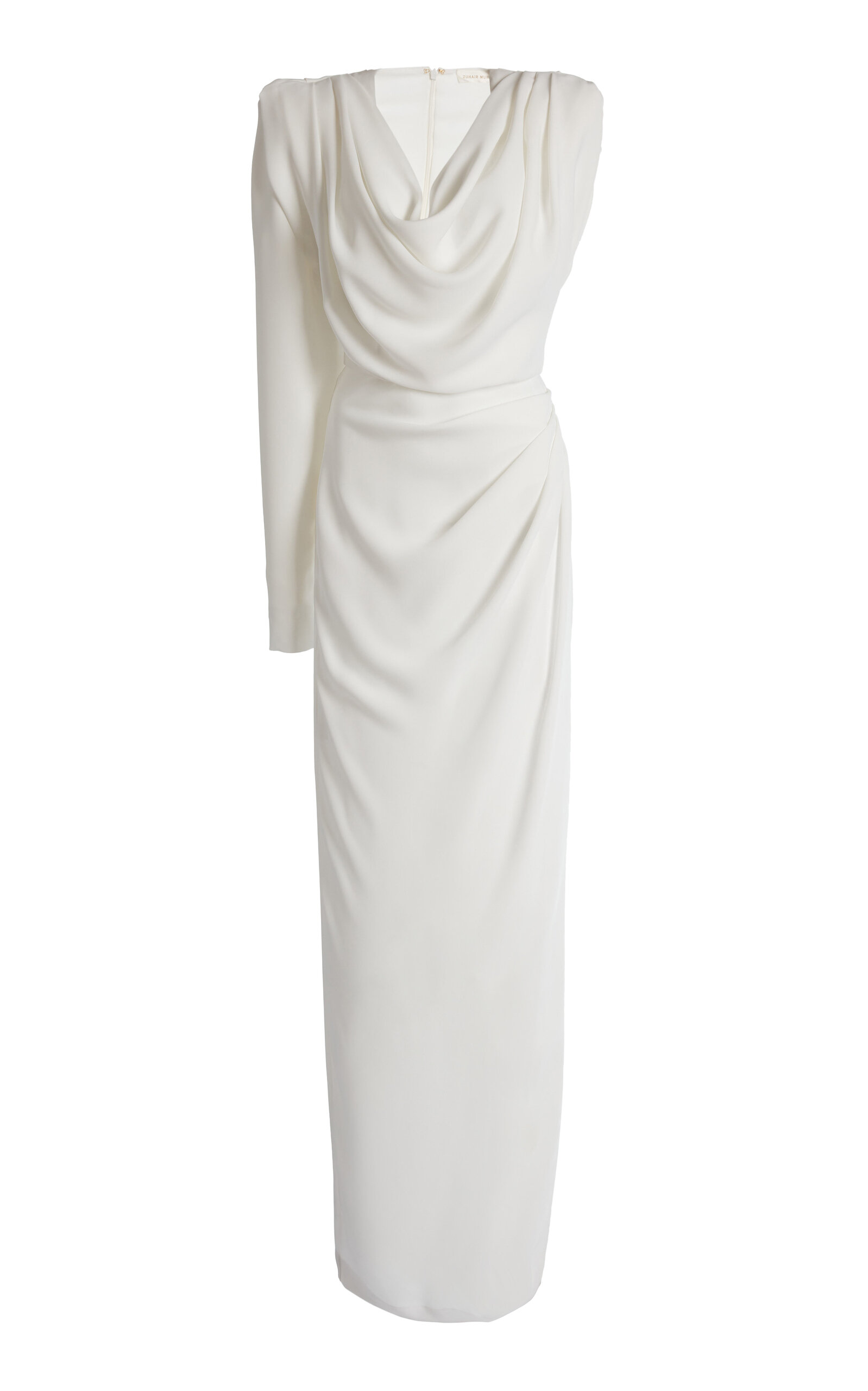 Zuhair Murad Light Cady Draped Neckline Maxi Dress In White