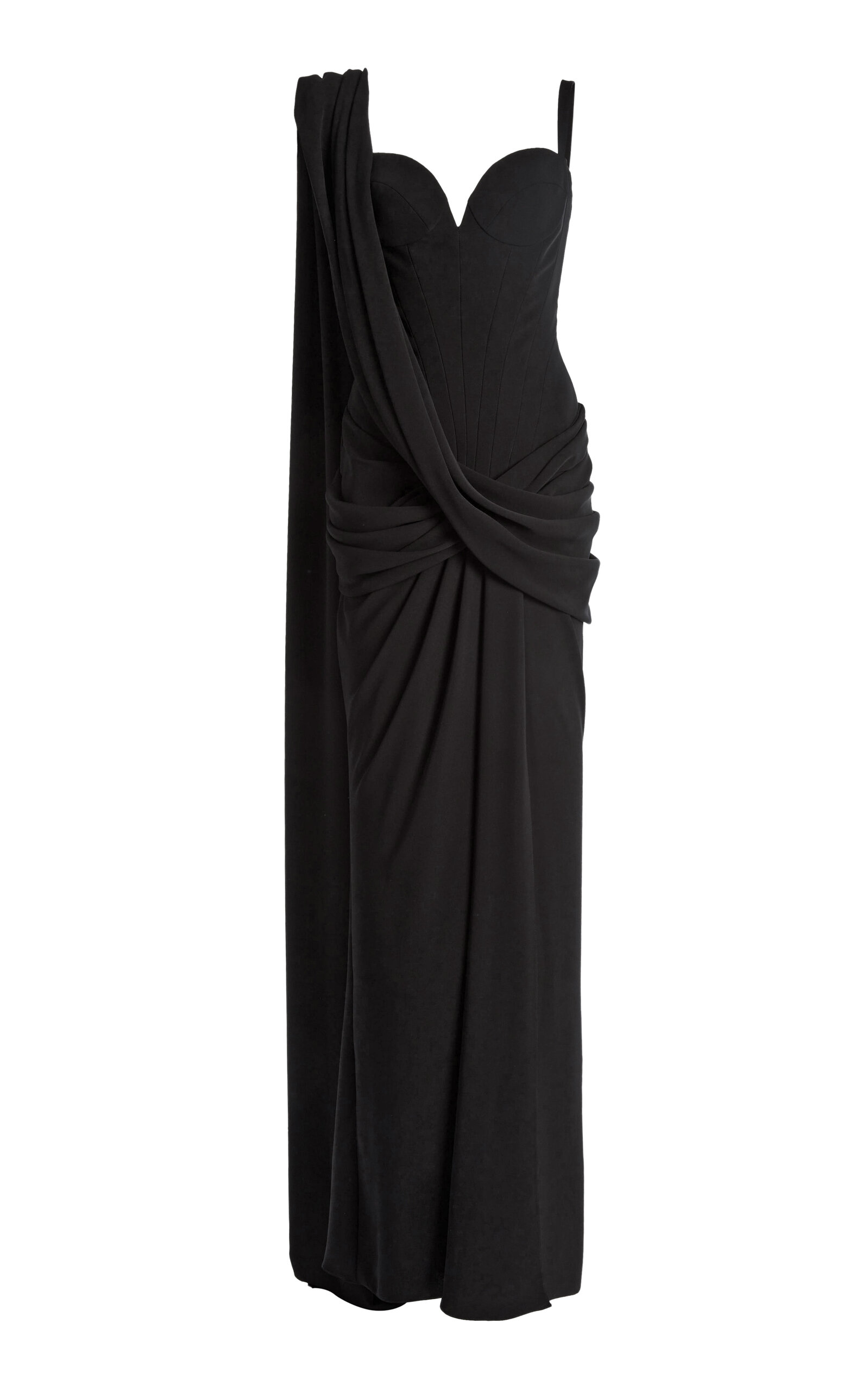 Zuhair Murad Light Cady Draped Heart Neck Strappy Maxi Dress - Black