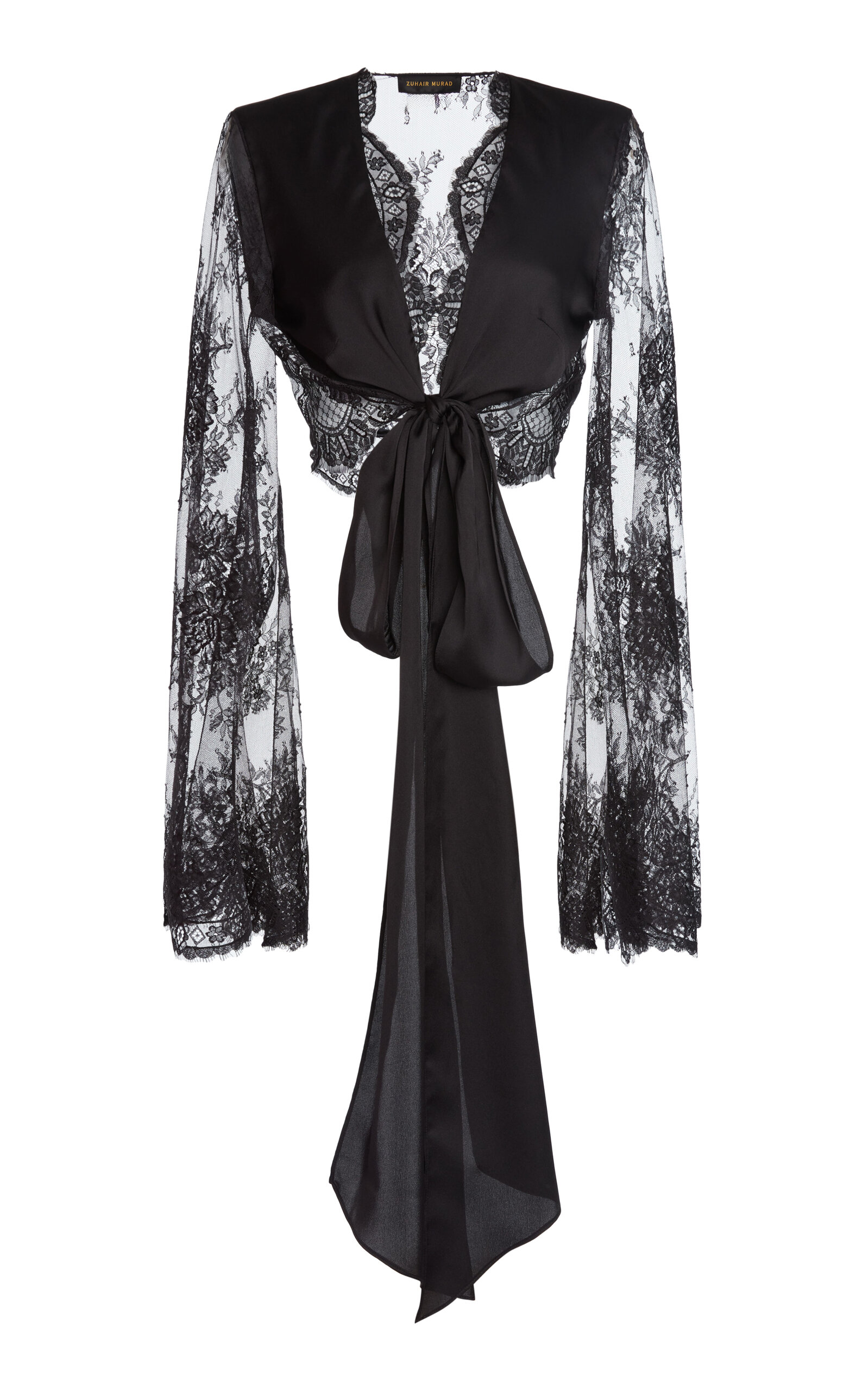 Zuhair Murad Mixed Lace Chiffon Cropped Wrap Blouse - Black