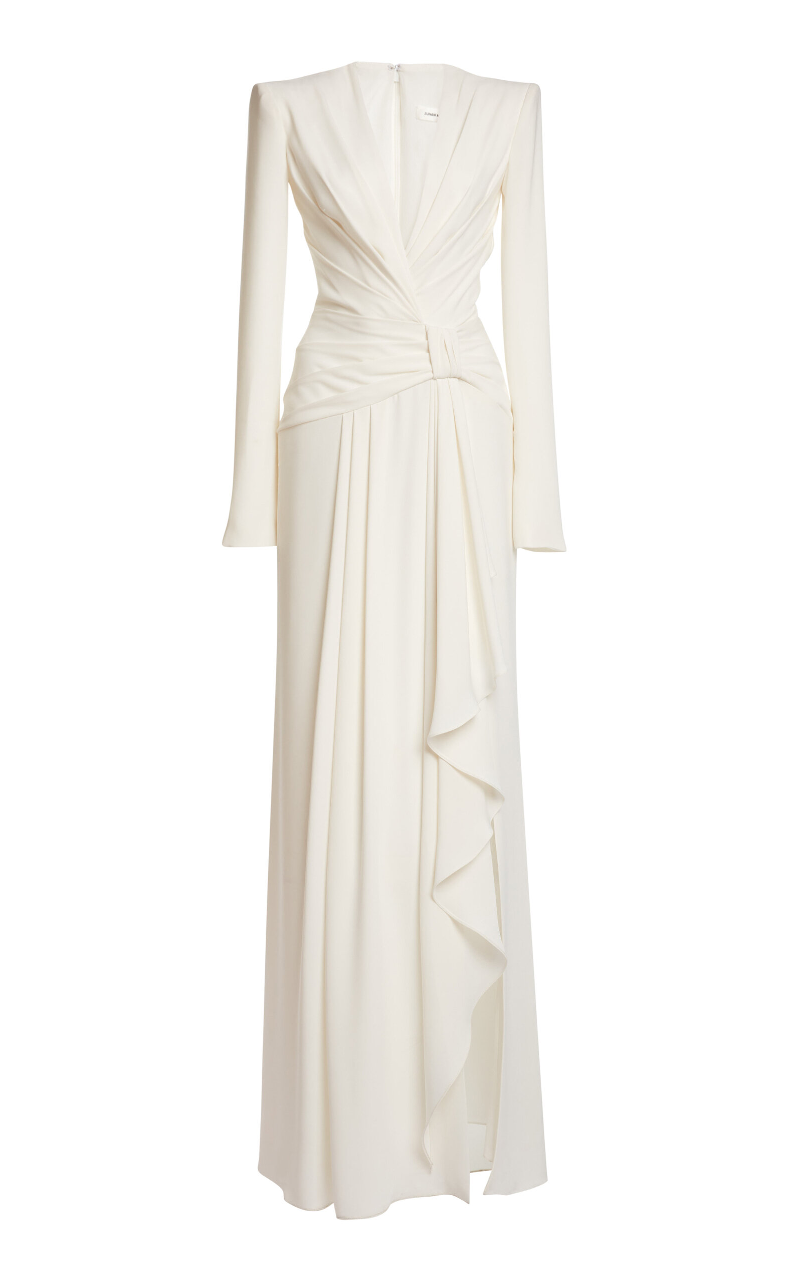 Zuhair Murad Light Cady V-neck Long-sleeved Draped Maxi Dress In White