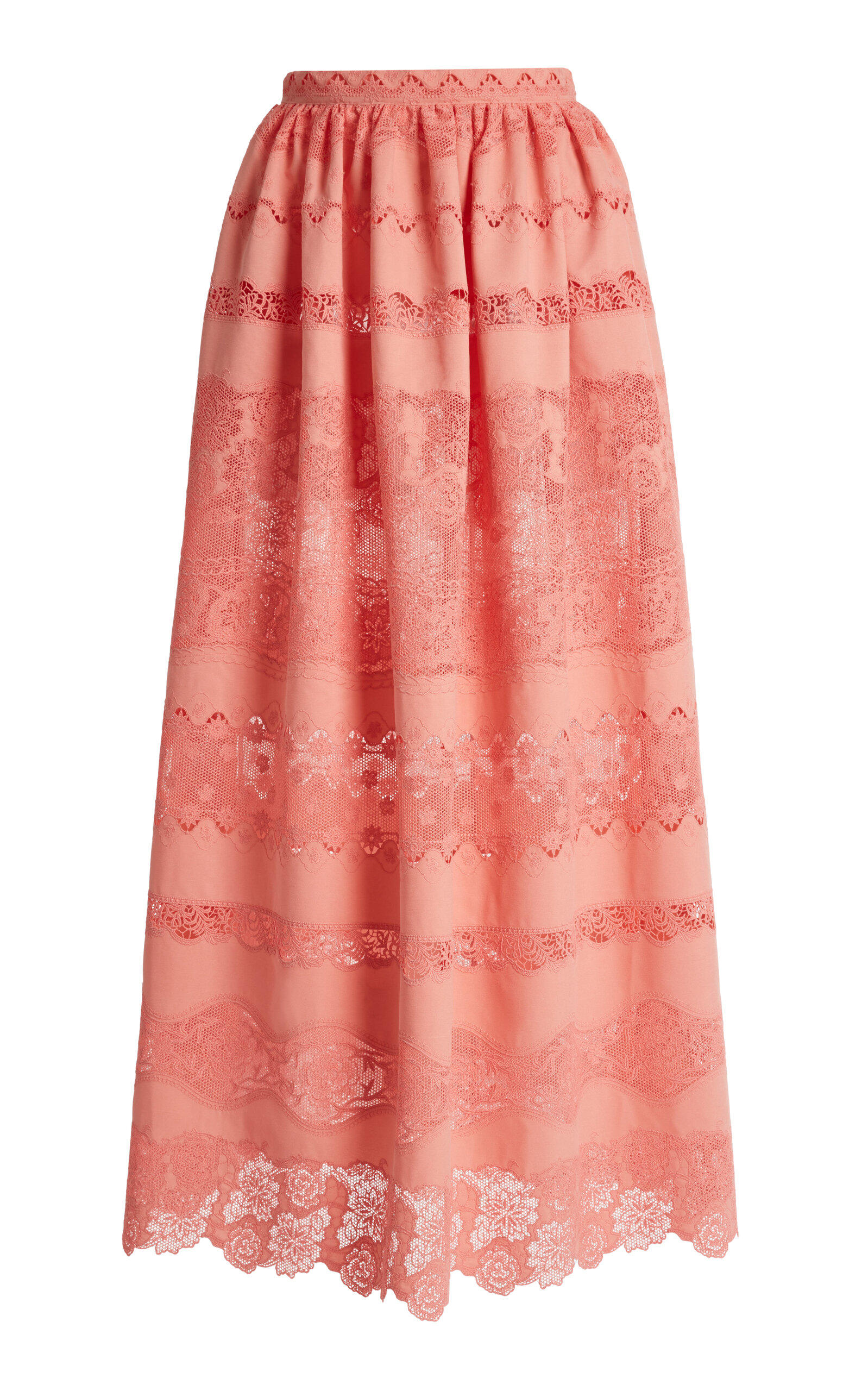 Zuhair Murad Madras Broderie Tiered Midi Skirt In Pink