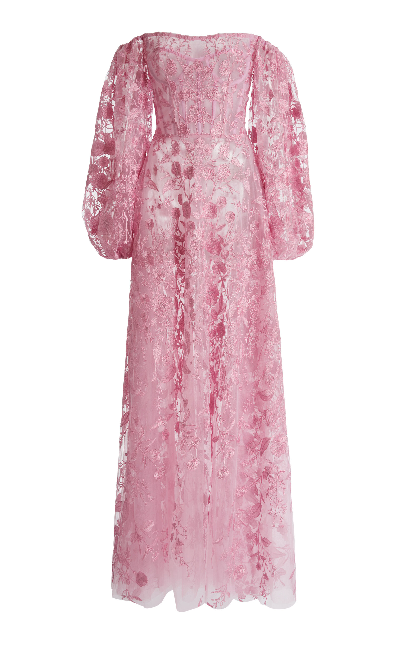 Zuhair Murad Tulle Broderie Floral Off-shoulder Maxi Dress In Pink