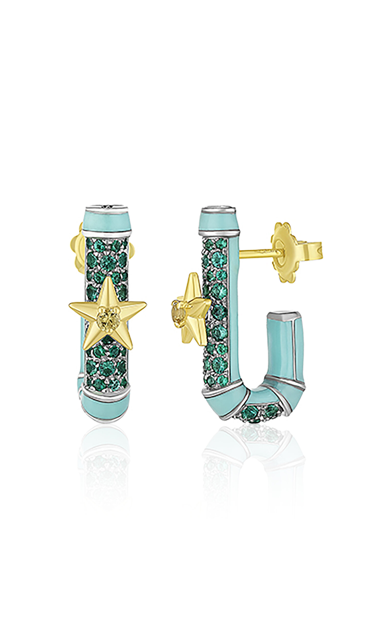 Francesca Villa 18k Yellow Gold And Titanium Fantasia; Green Stars Hoop; Earrings In Blue