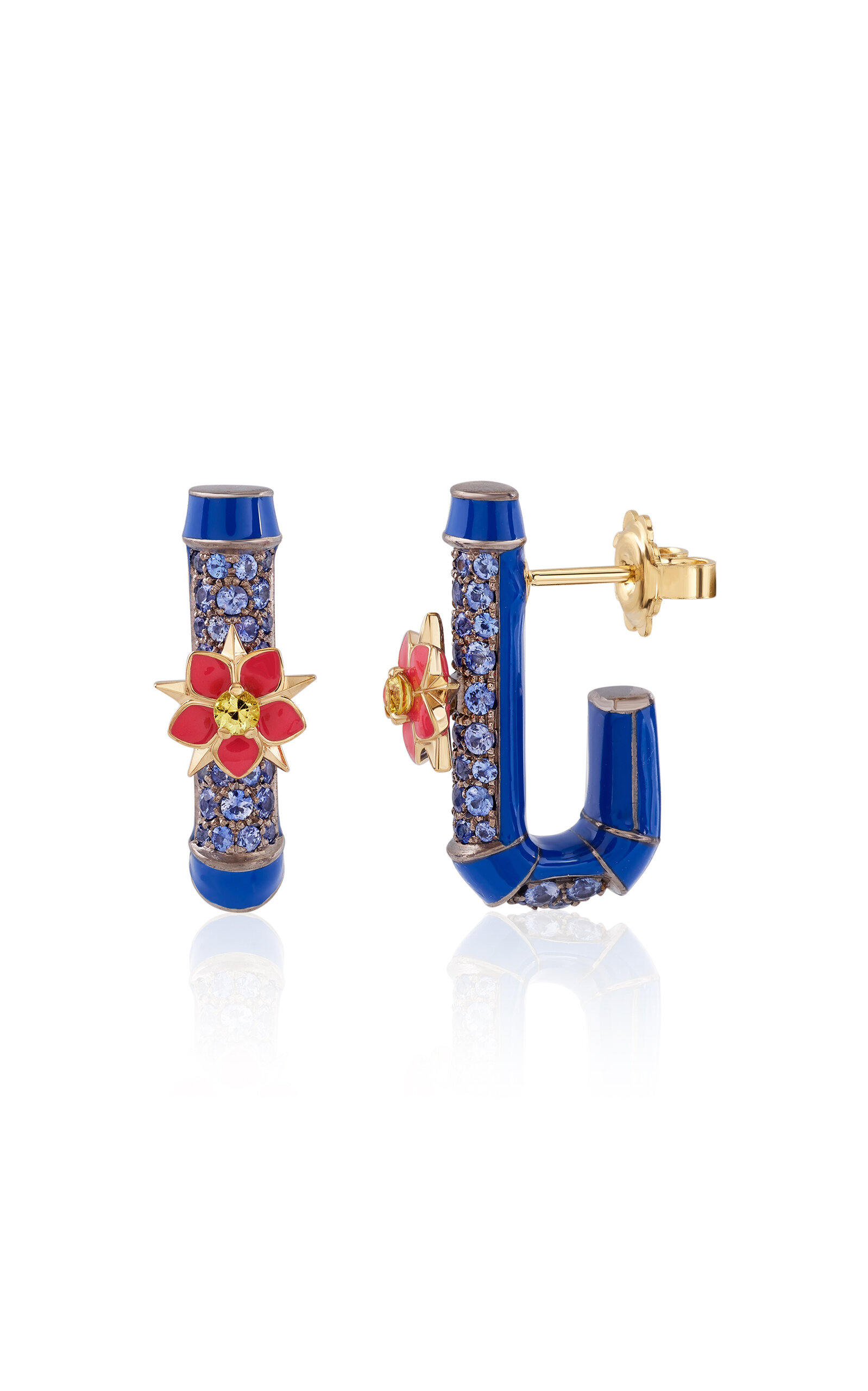Francesca Villa 18k Yellow Gold And Titanium Fantasia; Red Flowers Hoop; Earrings In Blue