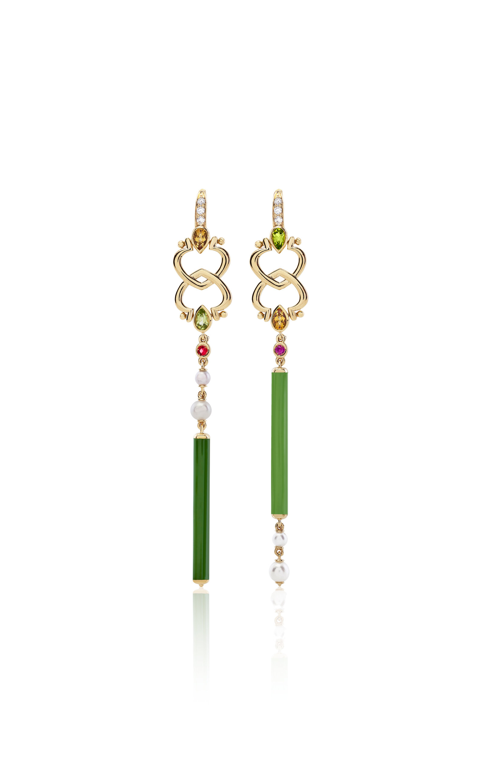 Francesca Villa 18k Yellow Gold Love Handles Heart Strings Green Earrings In Multi