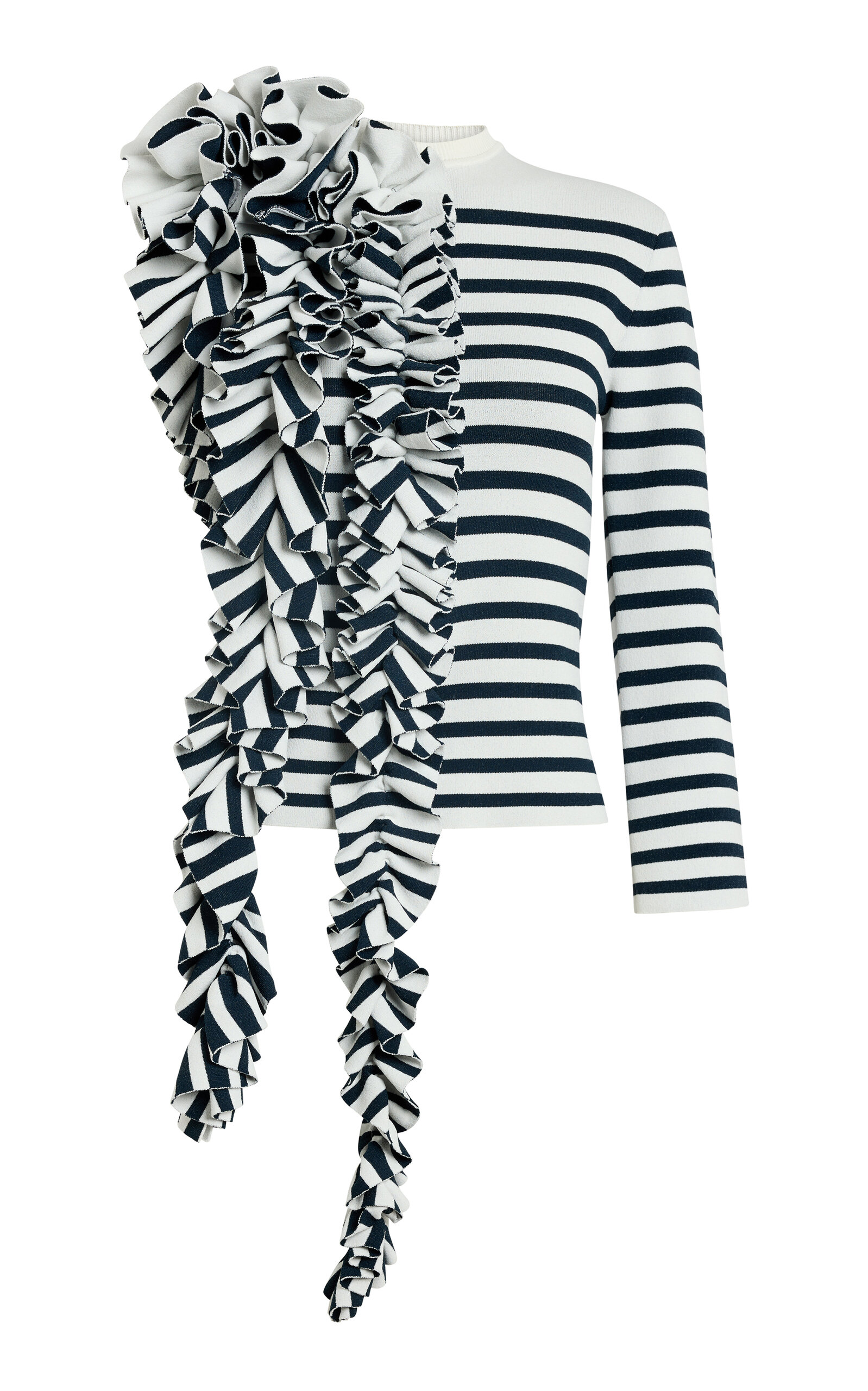 A.w.a.k.e. Knitted Stripe Ruffle Fitted Top In White