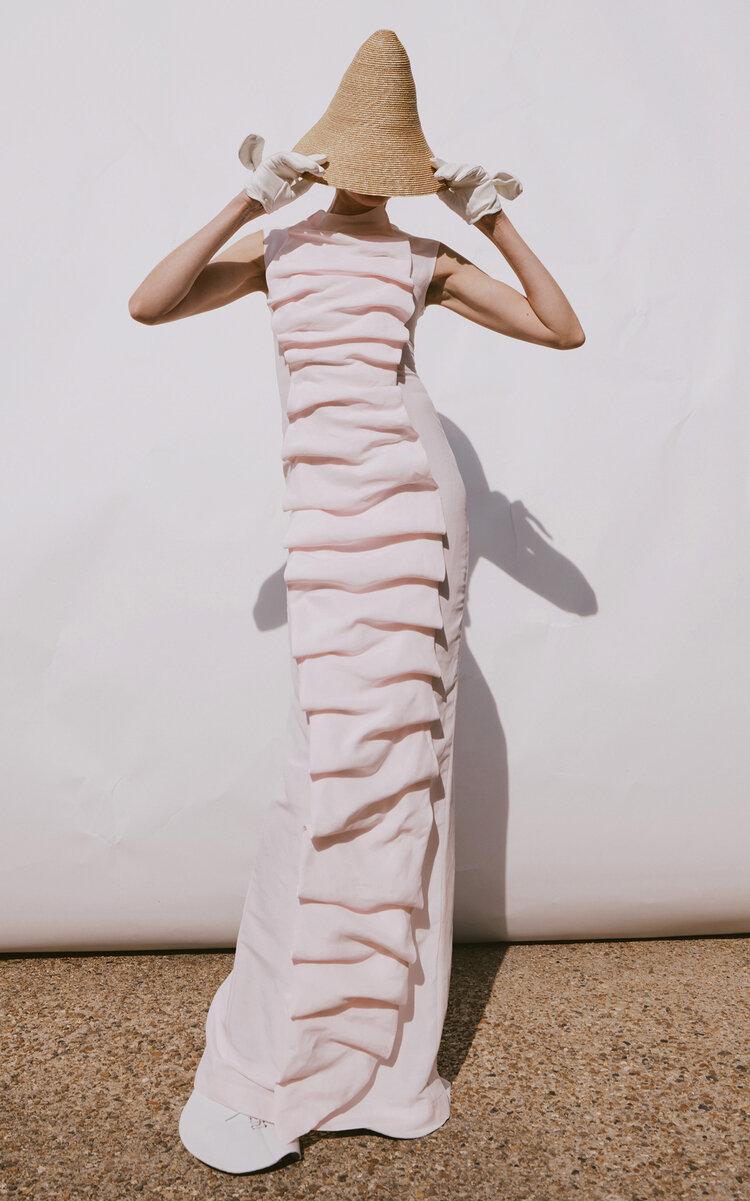 A.w.a.k.e. Ruched Bib-front Maxi Dress In Pink