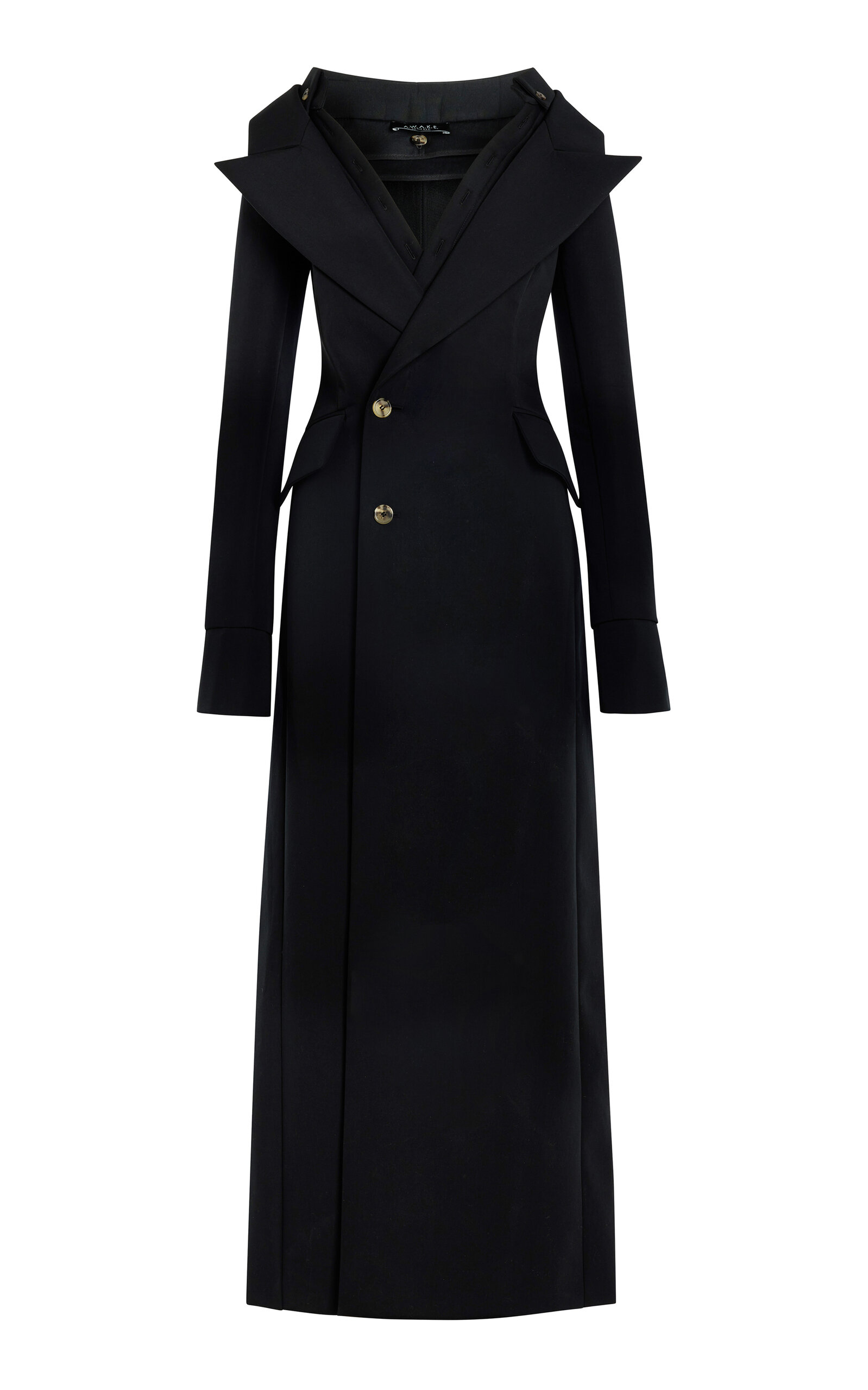 A.w.a.k.e. Double-breasted Off-shoulder Fitted Maxi Dress In Black