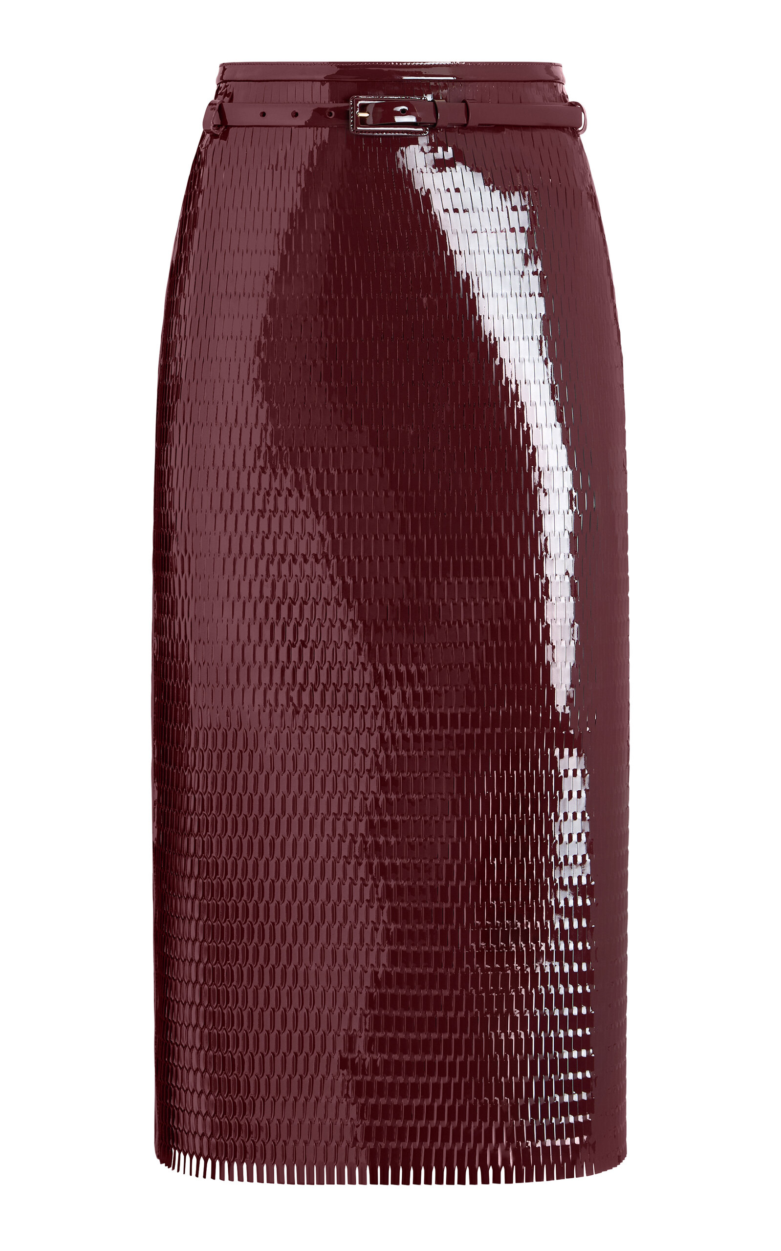 Tom Ford Belted Perforated Patent Leather Midi Skirt In Brown