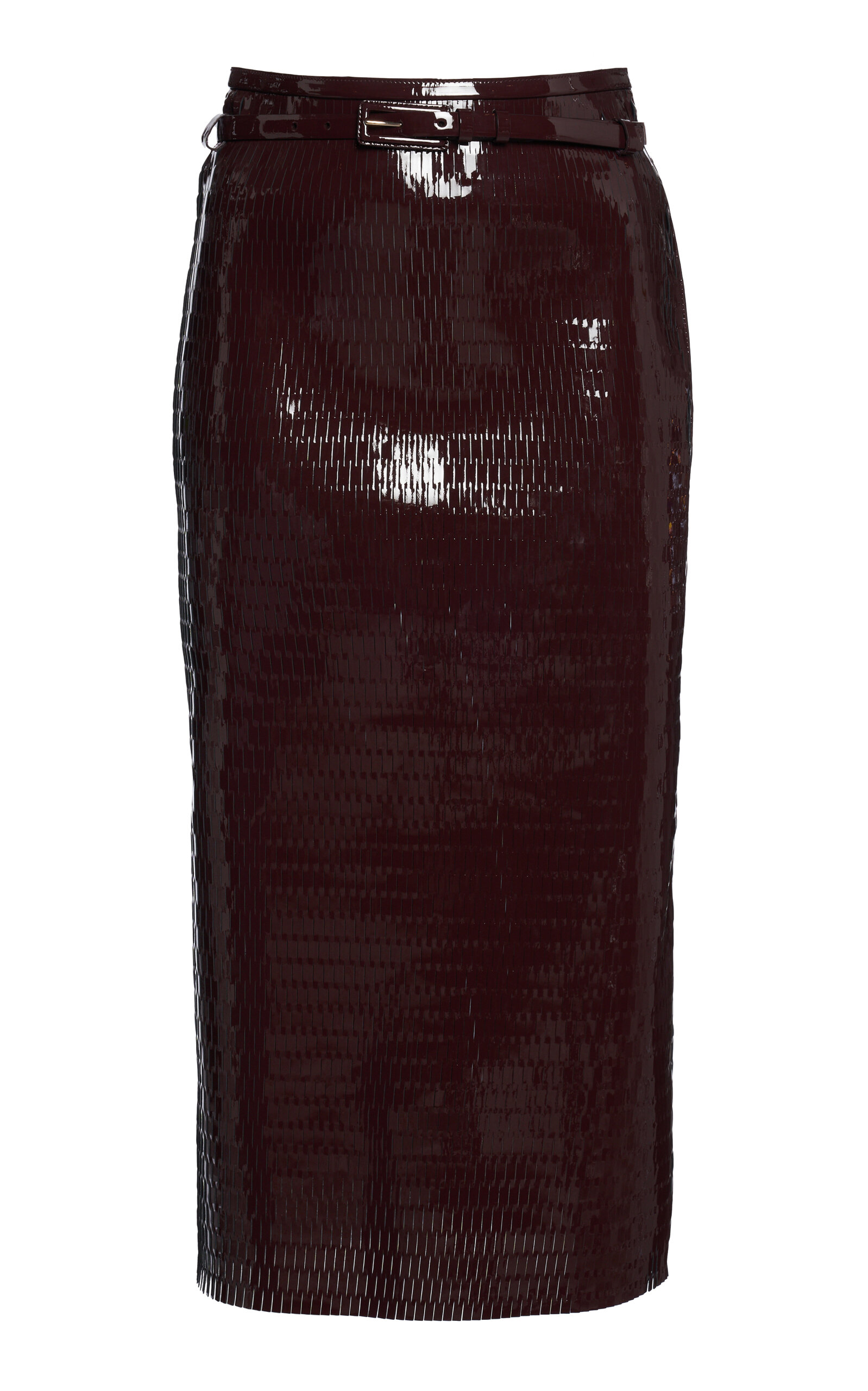 Tom Ford Belted Perforated Patent Leather Midi Skirt In Brown