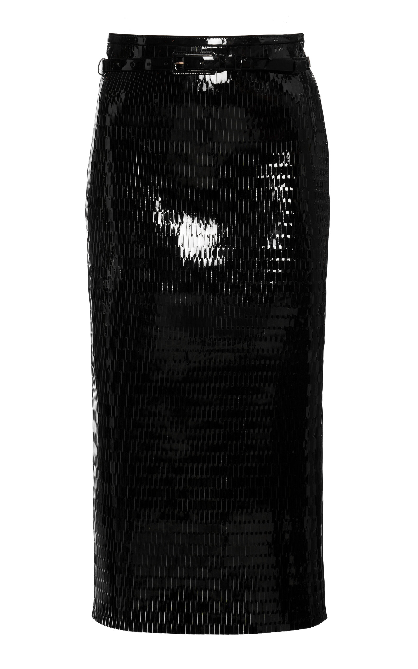 Tom Ford Belted Perforated Patent Leather Midi Skirt In Black