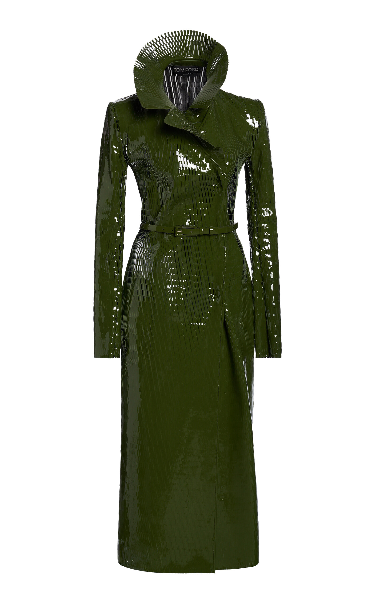 Tom Ford Perforated Patent Leather Trench Coat In Green