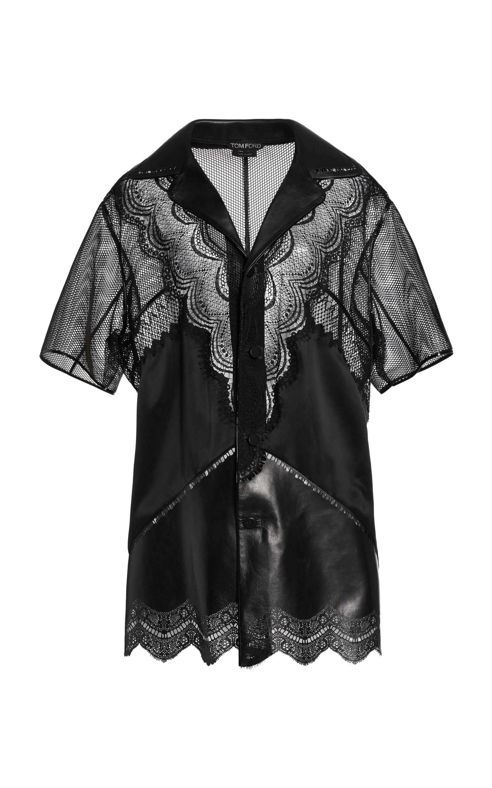Tom Ford Lace-paneled Leather Pajama Shirt In Black