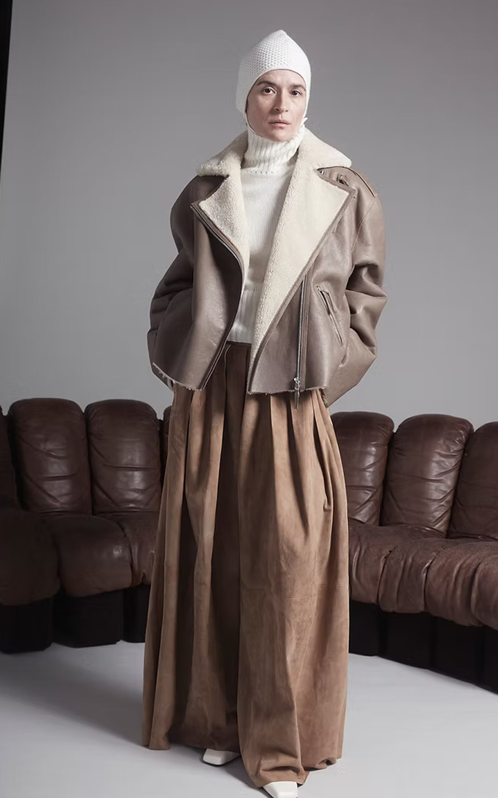 Utzon Juin Leather And Marino Moto Jacket In Brown