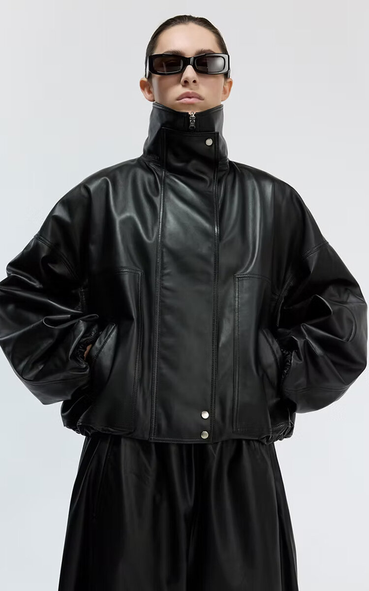 Utzon Jade Funnel-neck Cropped Leather Jacket In Black