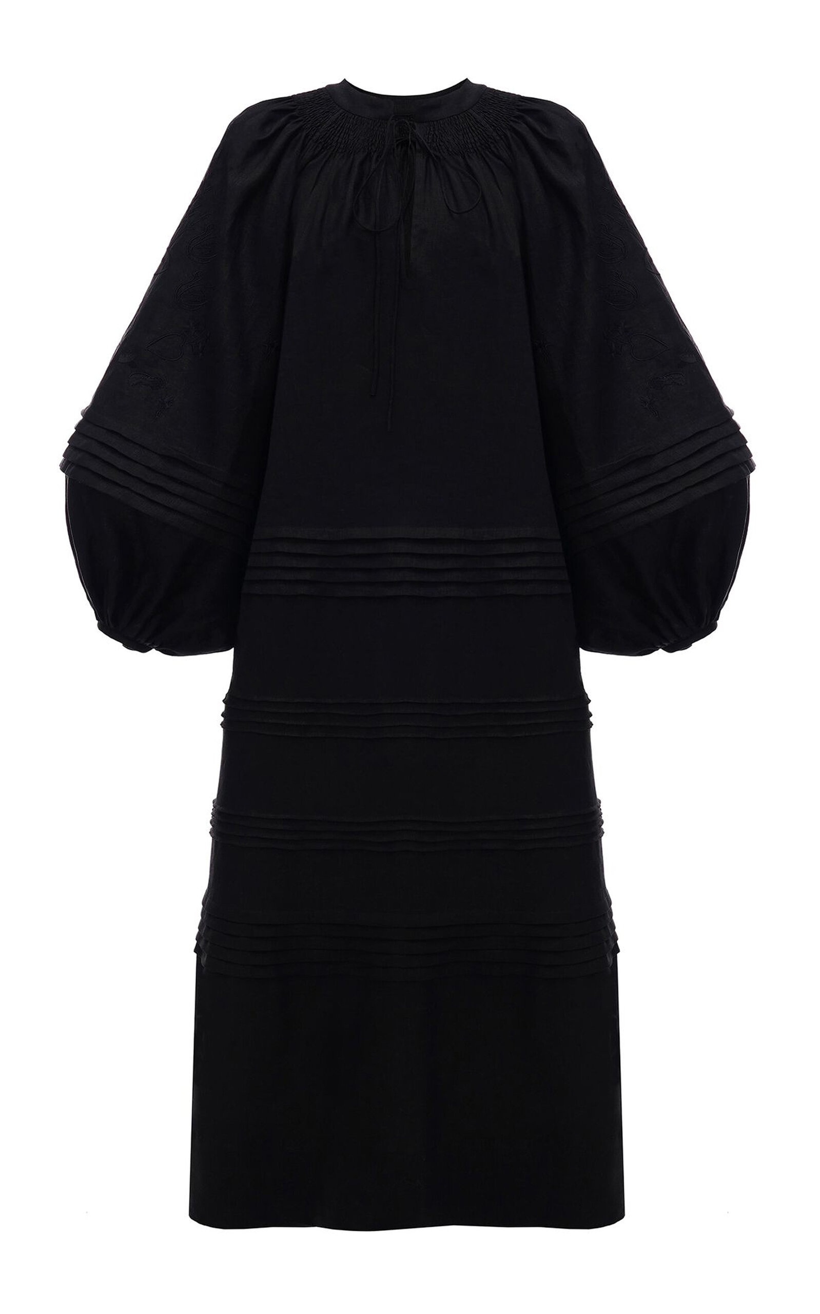 Gunia Project Tomila Embroidered Puff-sleeve Linen Midi Dress In Black