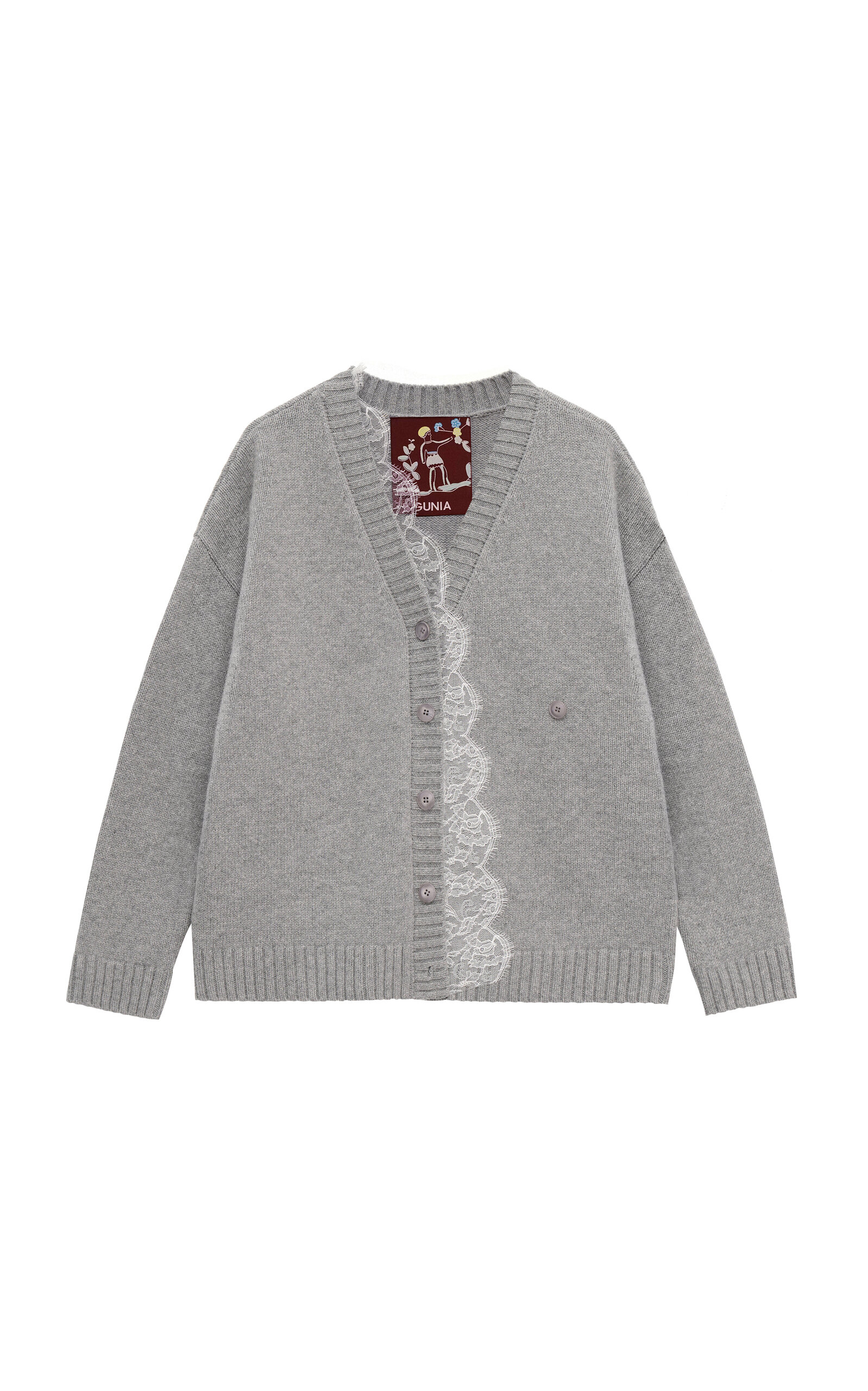 Gunia Project Lace-trimmed Wool-blend Cardigan In Gray