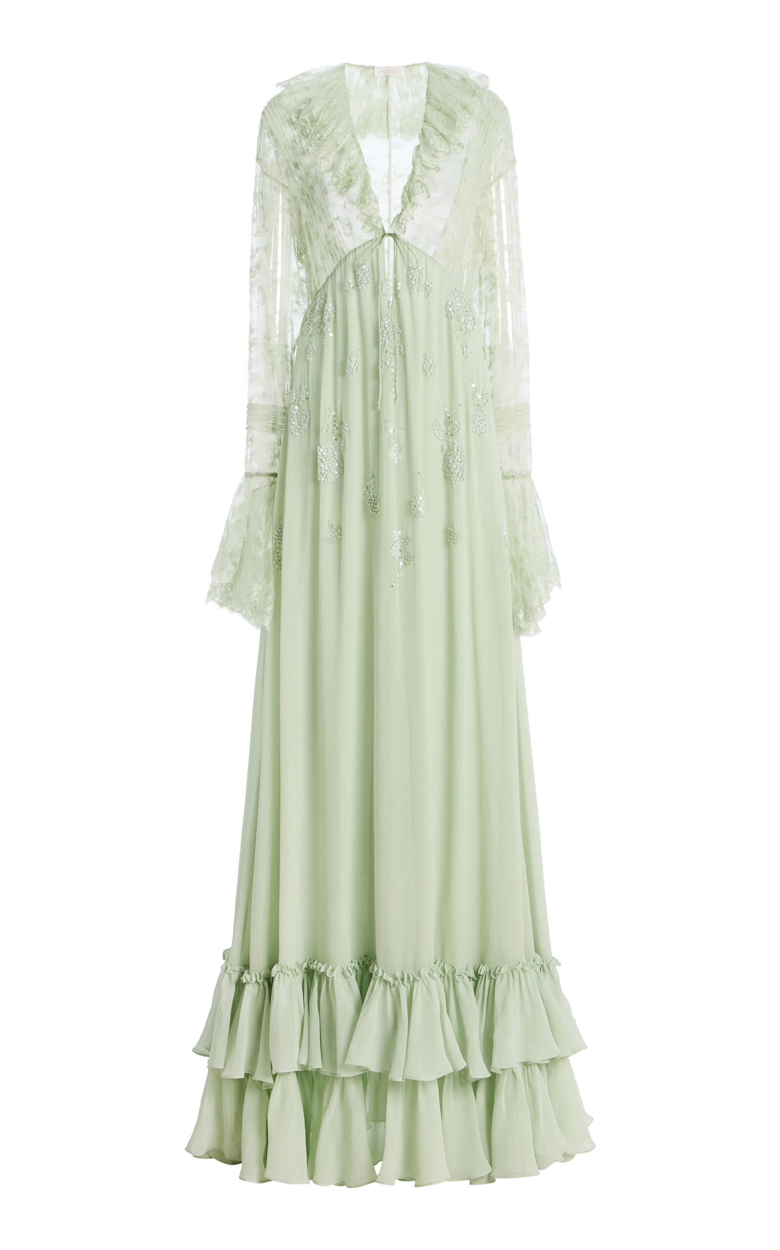 Harithand Ilaria Silk Georgette Lace Maxi Dress - Green