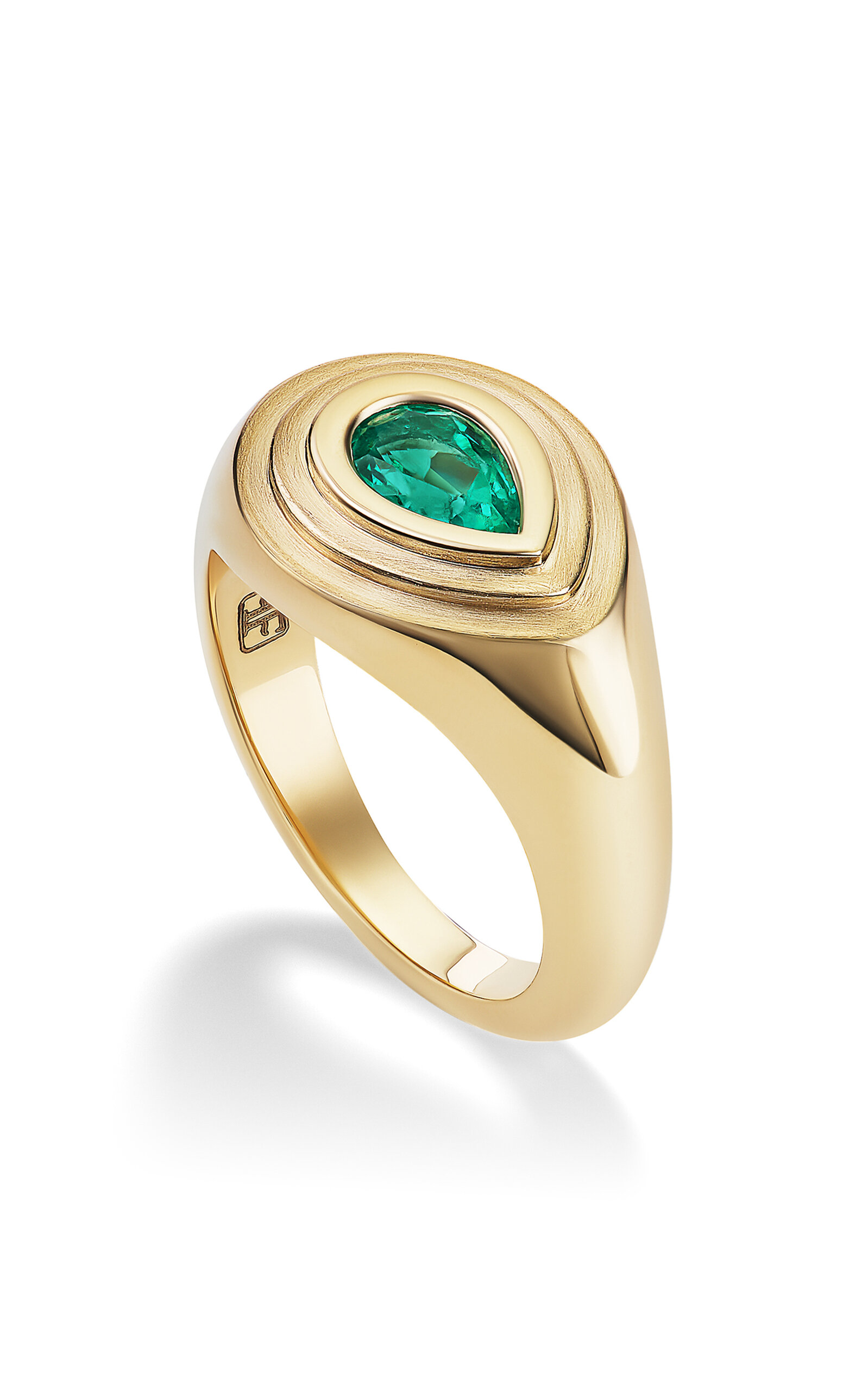Fiametta Pear Solitaire 14k Yellow Gold Emerald Signet Pinky Ring In Gold