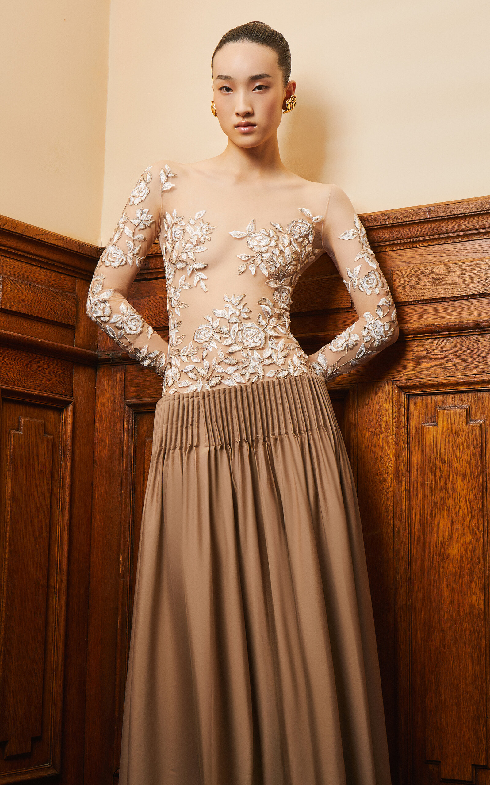 Georges Hobeika Embroidered Sheer Silk-blend Maxi Dress In Brown