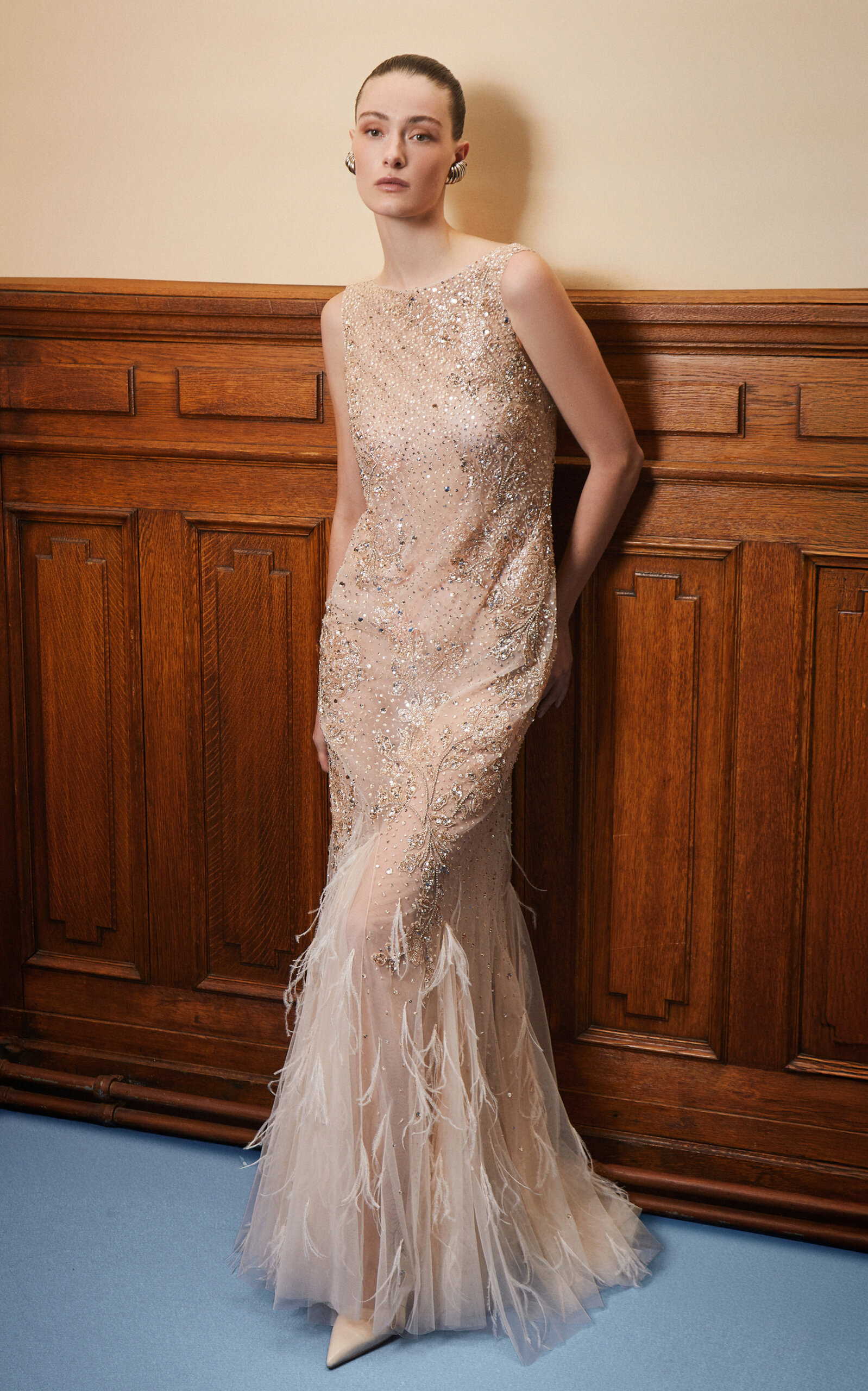 Georges Hobeika Sheer Feather-trimmed Silk-blend Evening Gown In Brown