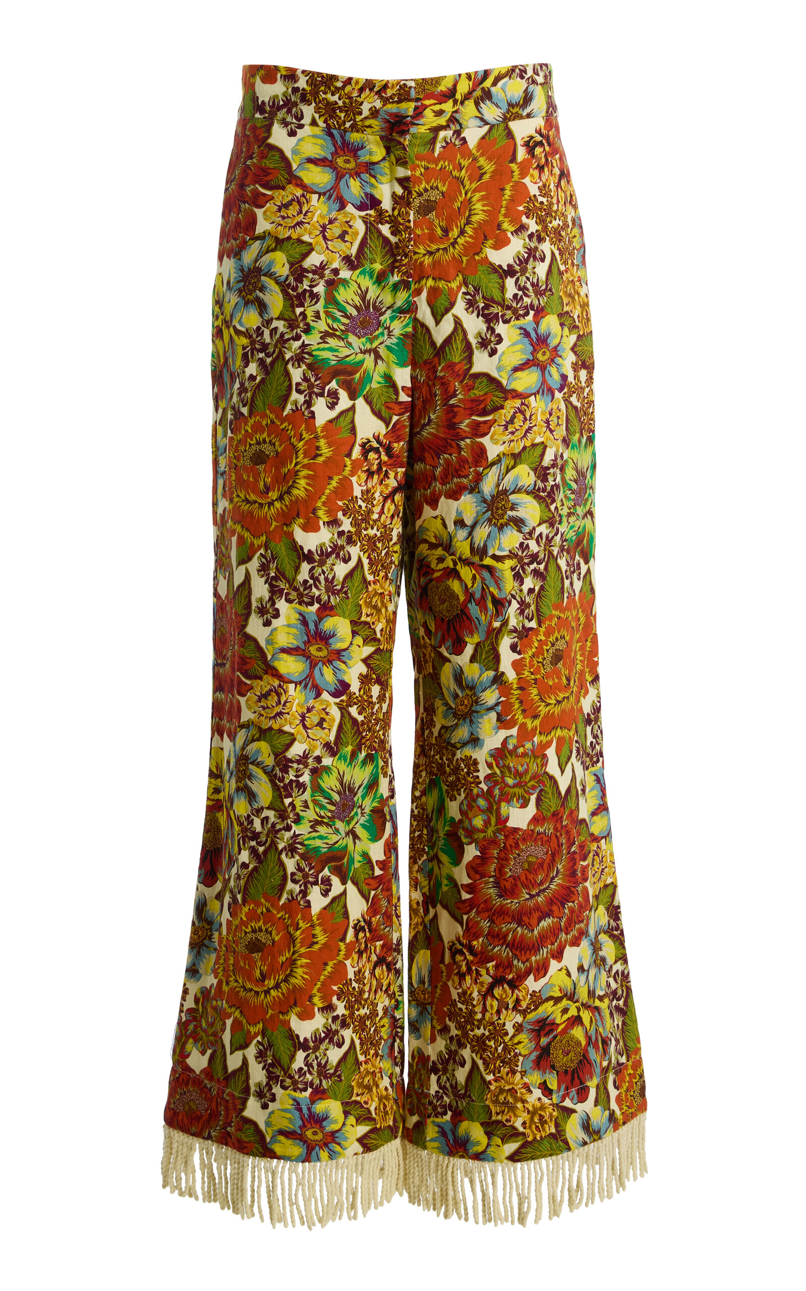 Alemais Alémais Lana Fringed Floral Linen Flared Pants In Multi