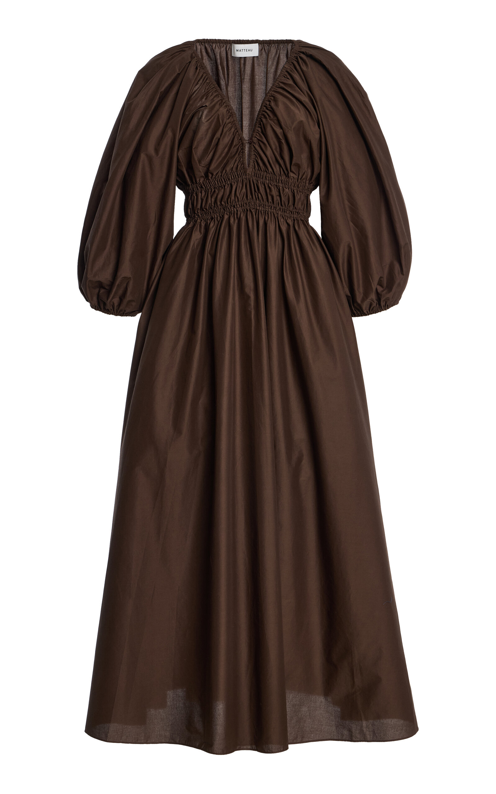Matteau Shirred Cotton Plunge Button Midi Dress