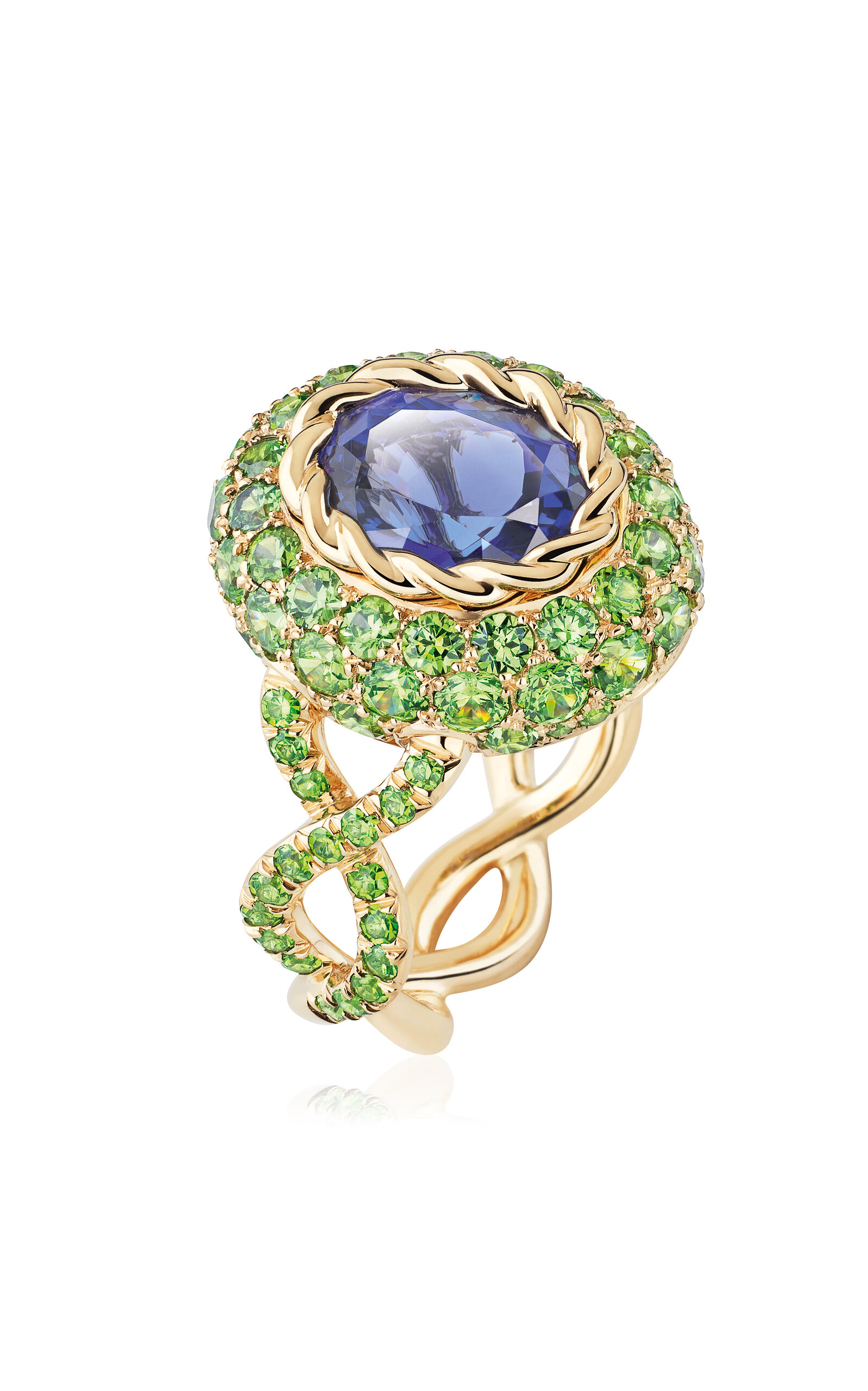 Maison Mellerio 18k Yellow Gold Blue Velvet Ring With Tanzanite And Tsavorites In Green