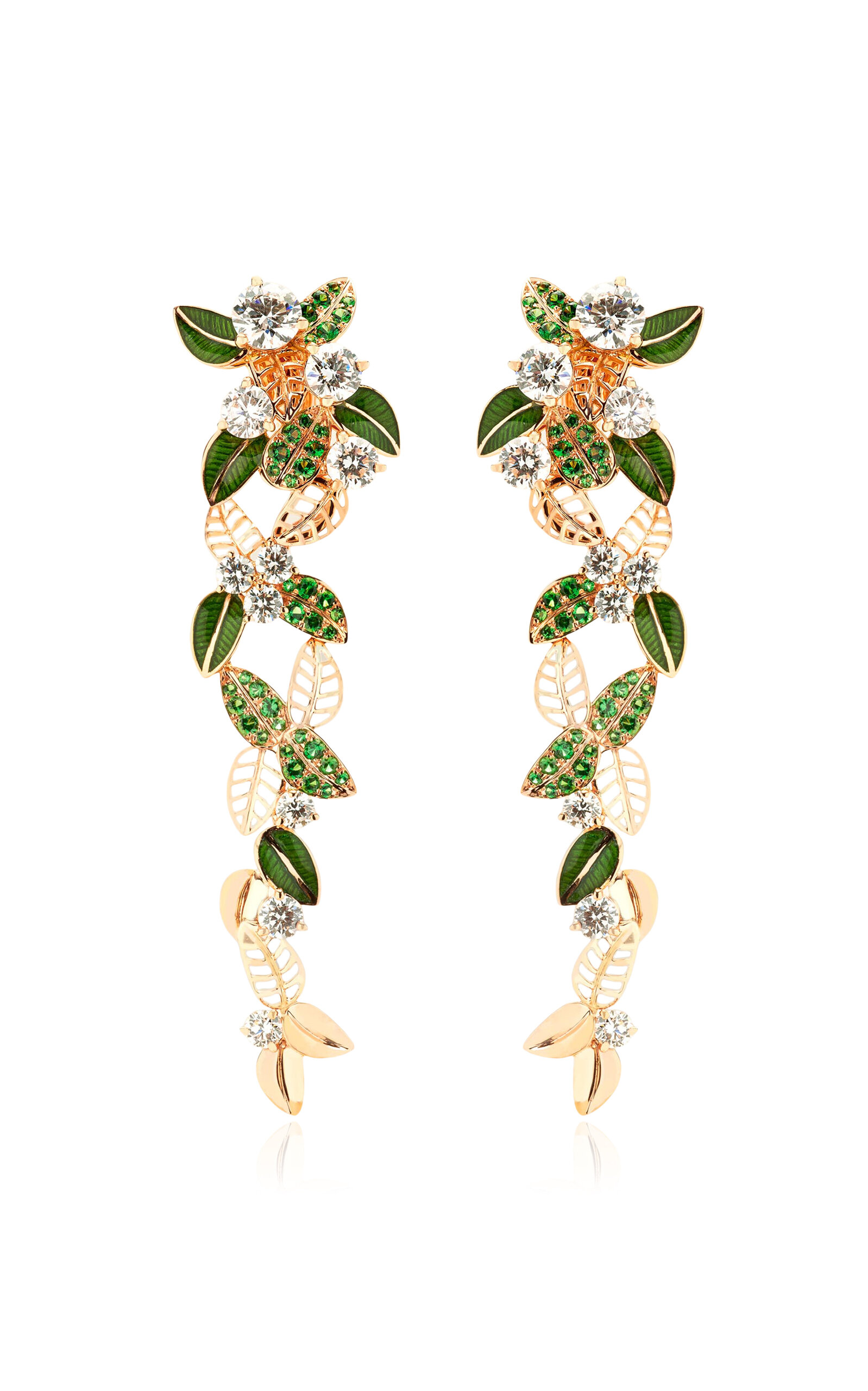 Maison Mellerio 18k Yellow Gold Foglio Earrings With Diamonds; Tsavorites And Green "guilloché" Enamel
