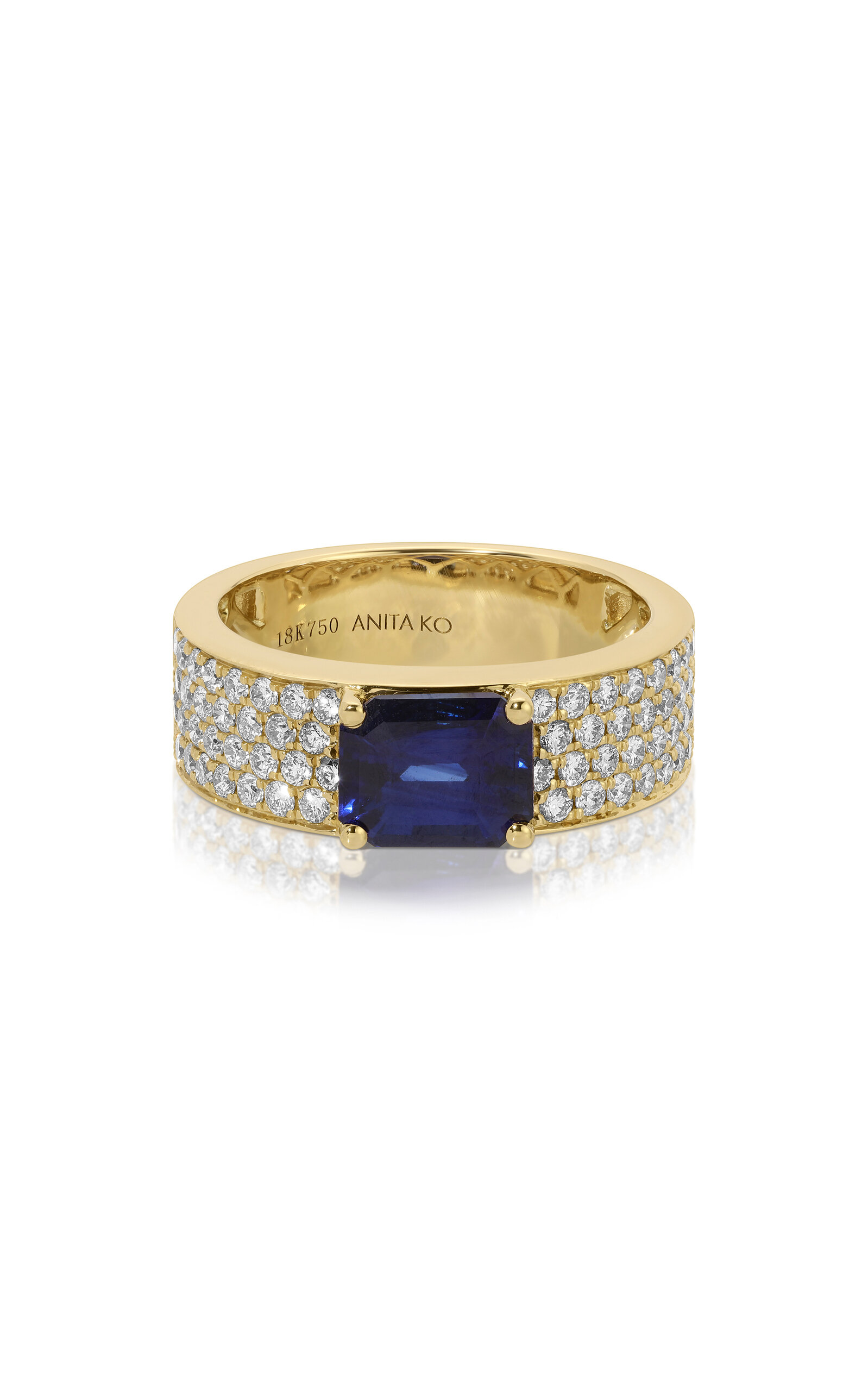 Anita Ko 18k Yellow Gold Wide Diamond Band With Emerald Cut Blue Sapphire Center In Gold