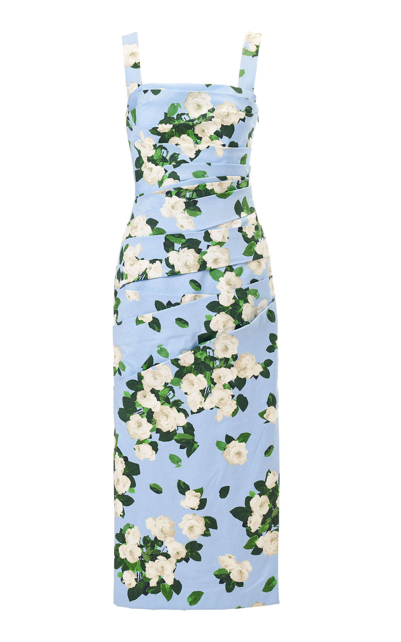 Carolina Herrera - Draped Painted Rose Cotton-Blend Midi Dress - Light Blue - US 6 - Moda Operandi