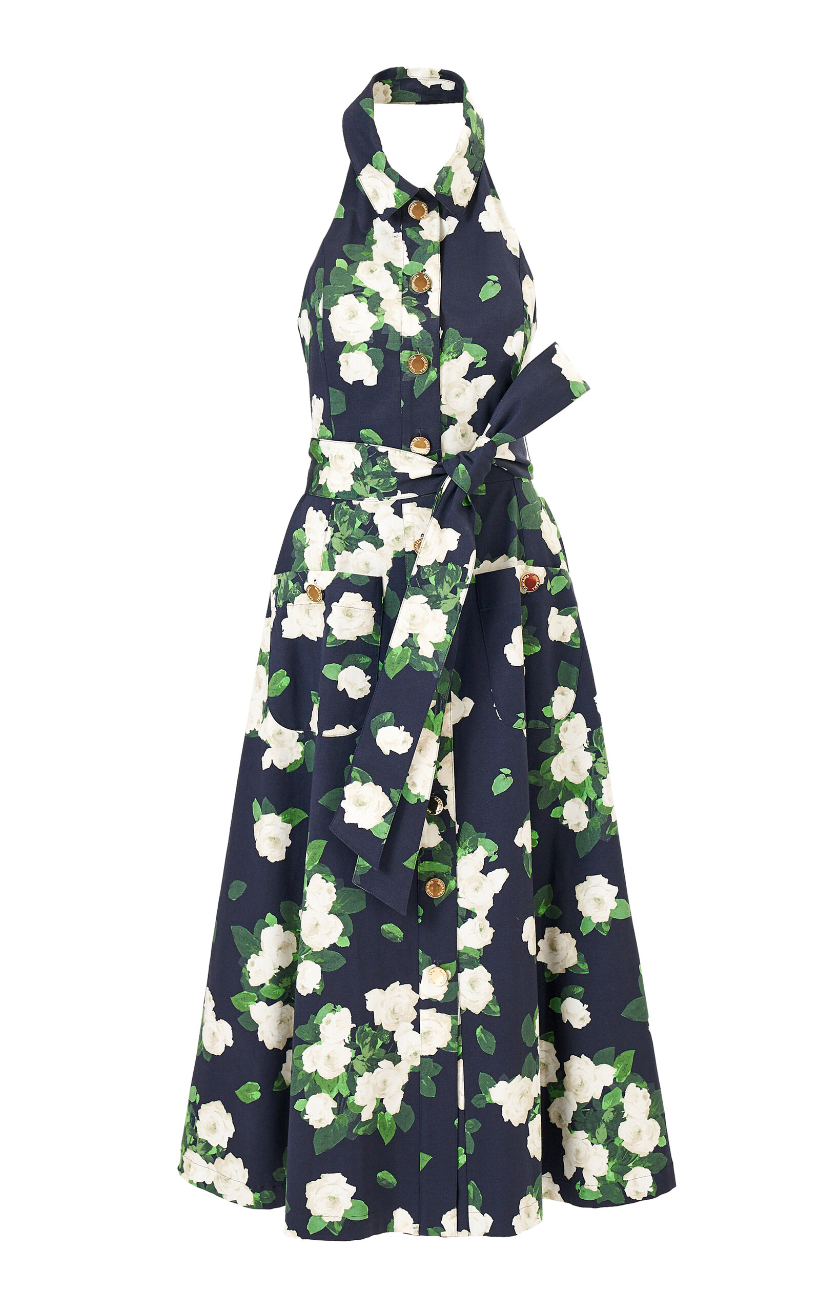 Carolina Herrera Belted Painted Rose Cotton Midi Dress In Blue