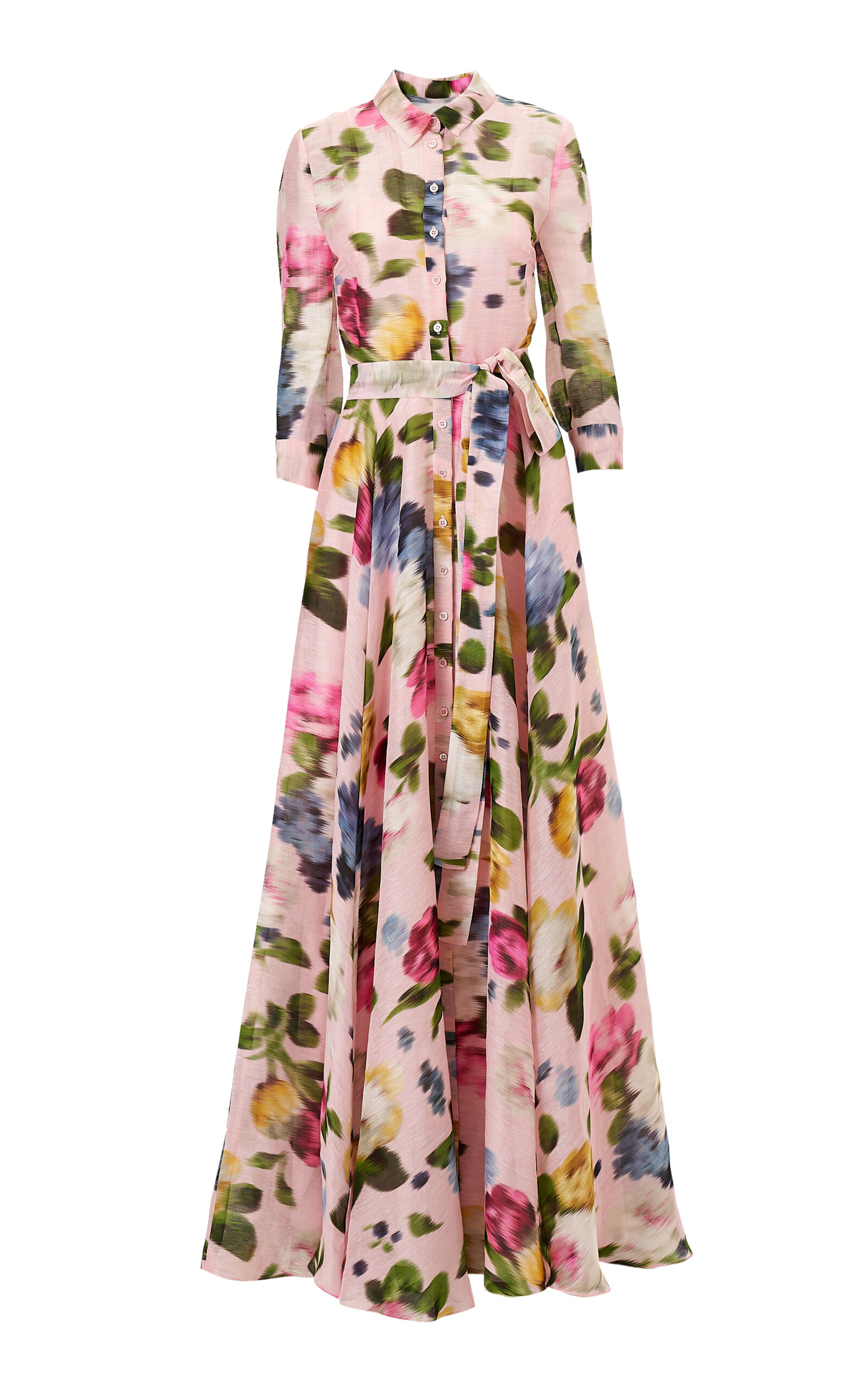 Carolina Herrera Button-front Garden Floral Linen-silk Trench Gown In Pink