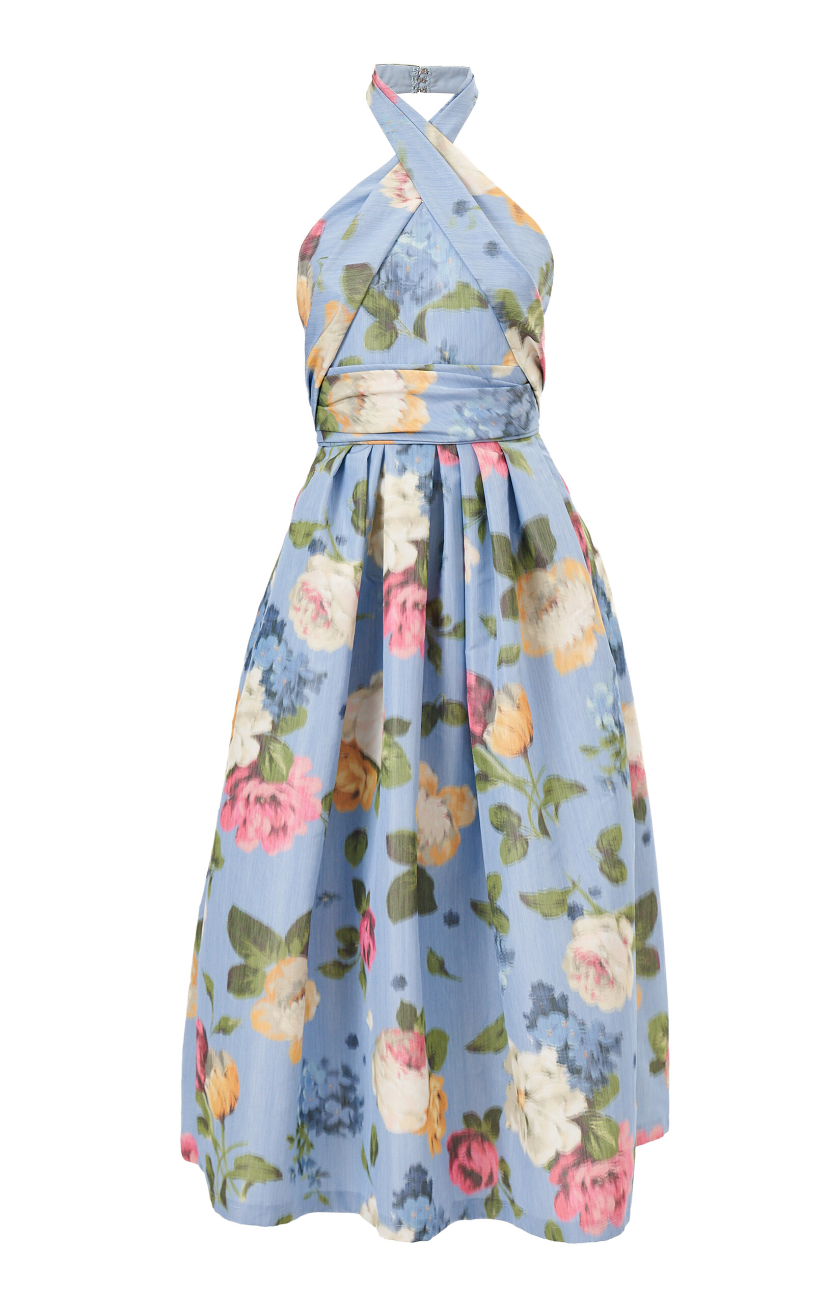 Carolina Herrera Crossed Halter Garden Floral Chine Midi Dress - Light Blue