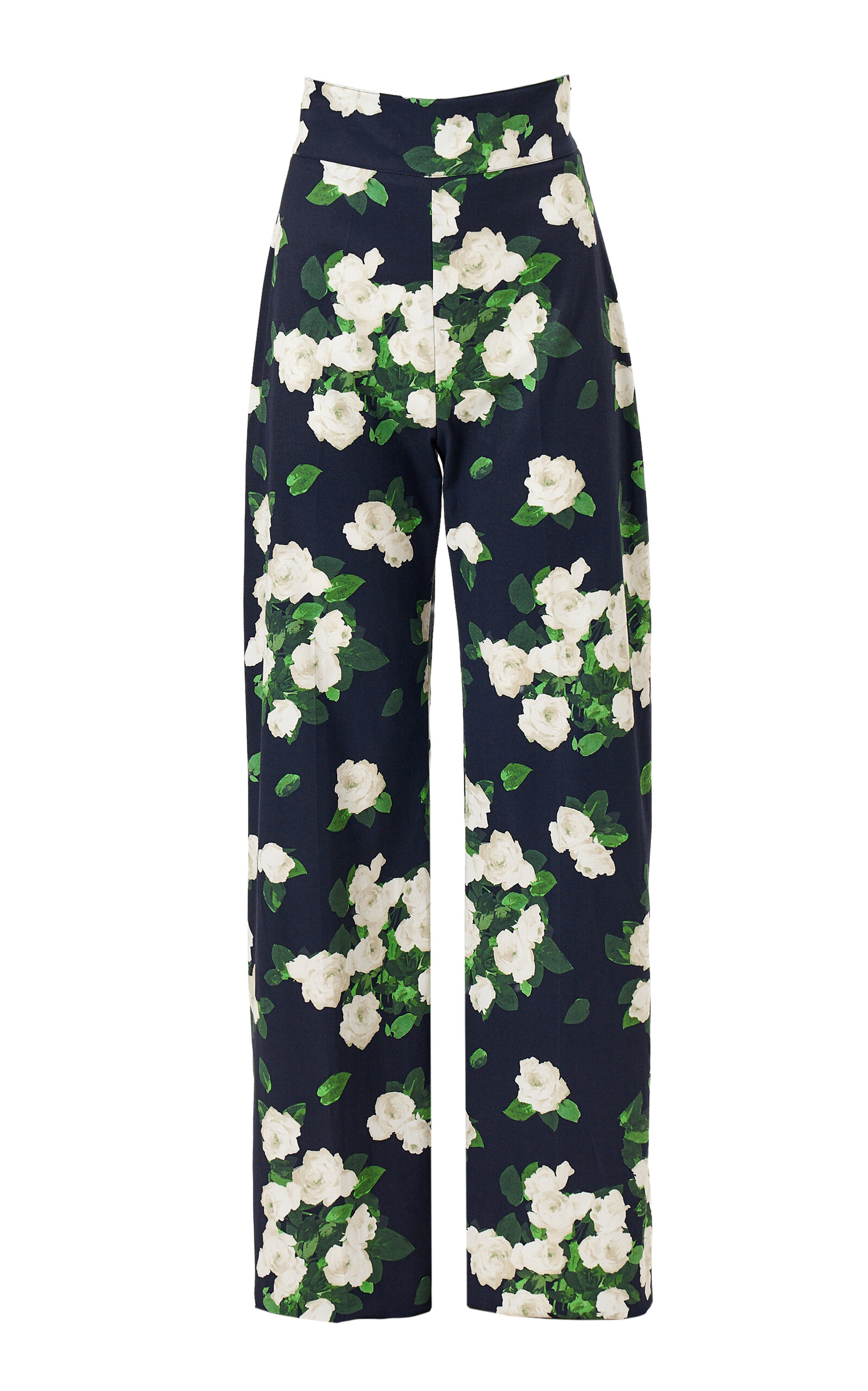 Carolina Herrera High-Rise Painted Rose Cotton Wide-Leg Pants - Navy