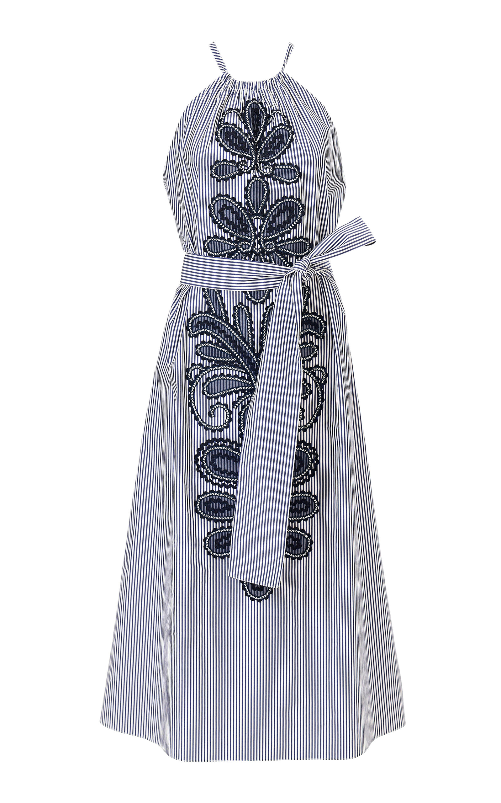 Carolina Herrera Embroidered Striped Cotton Dress In Gray