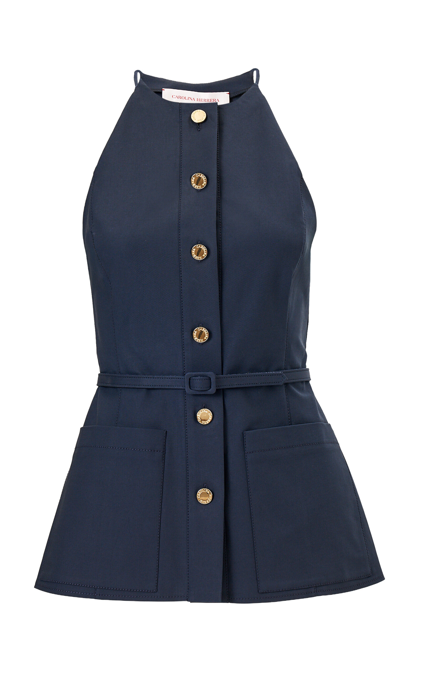 Carolina Herrera - Belted Cotton Sateen Top - Navy - US 6 - Moda Operandi