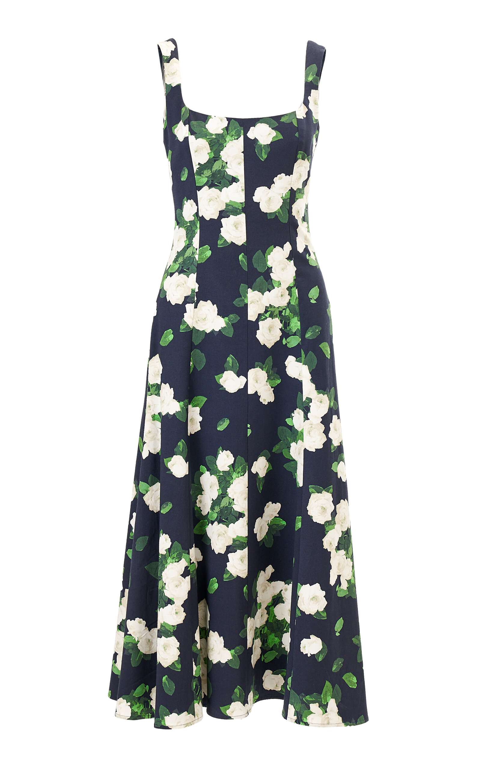 Carolina Herrera Sleeveless Painted Rose Cotton Midi Dress In Blue