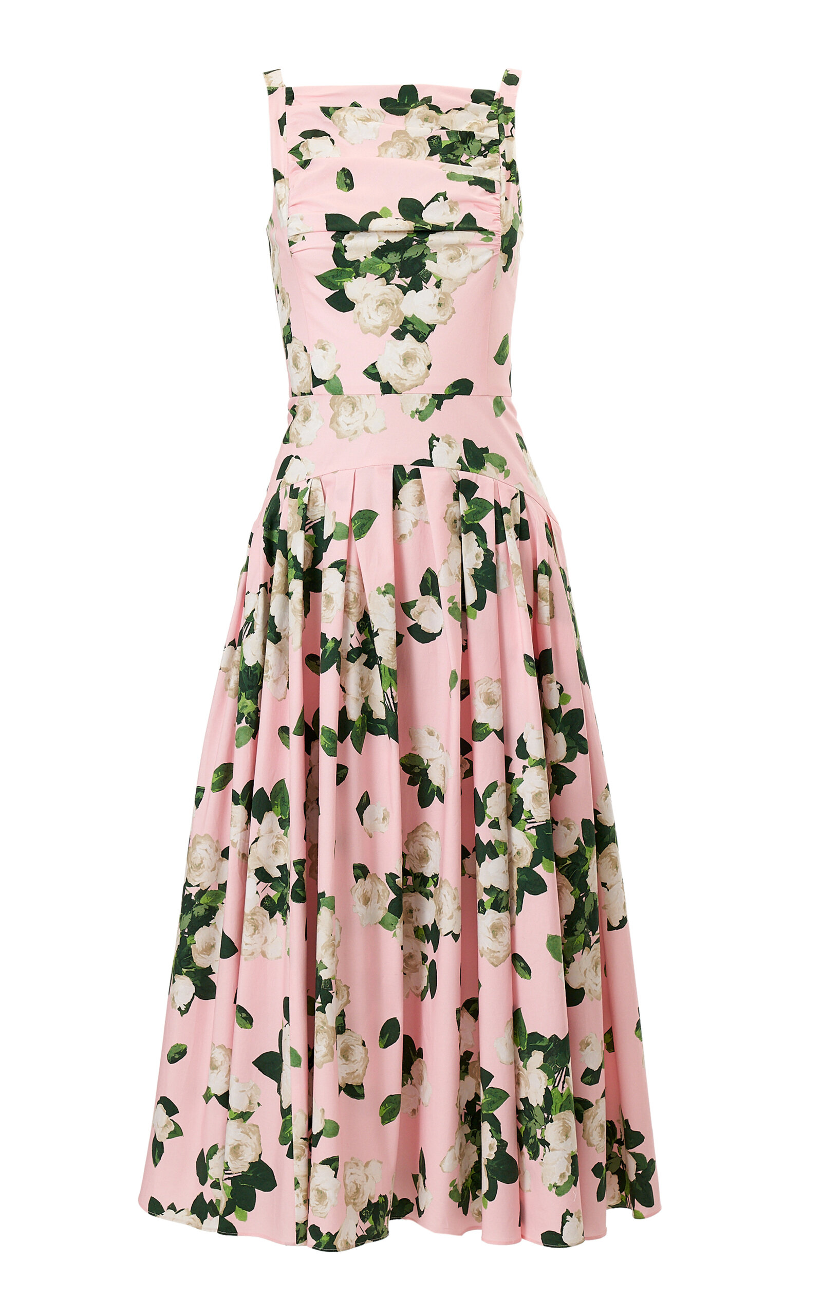 Carolina Herrera Drop-waist Painted Rose Cotton Midi Dress In Pink