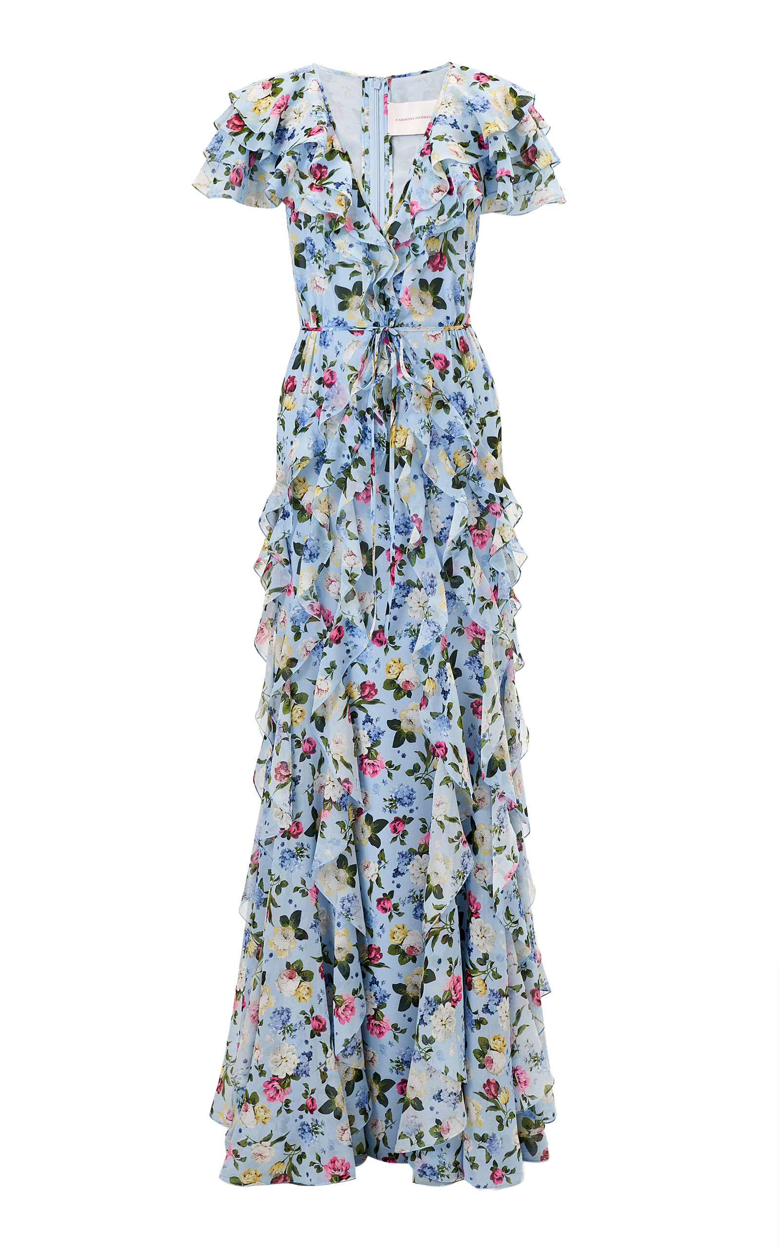 Carolina Herrera Ruffled Garden Floral Chiffon Gown In Blue