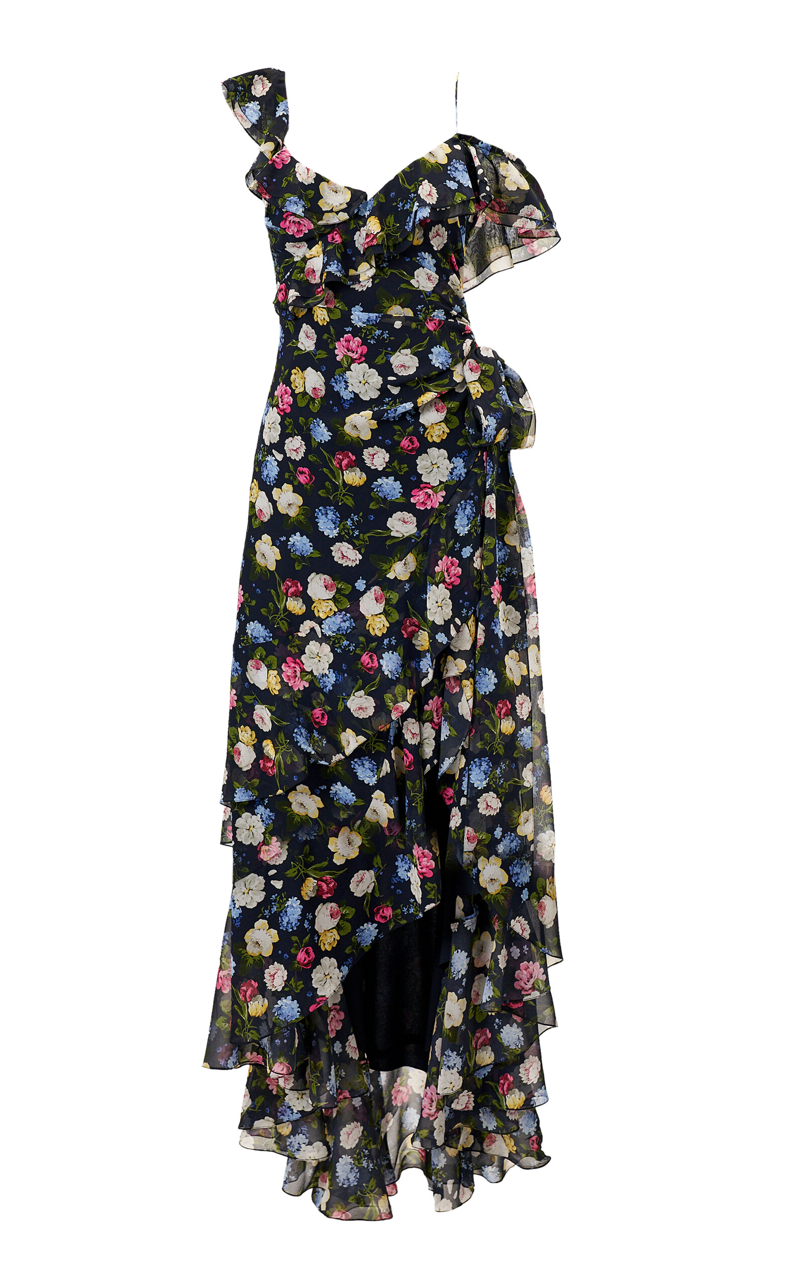 Carolina Herrera One-shoulder Garden Floral Chiffon Gown In Blue