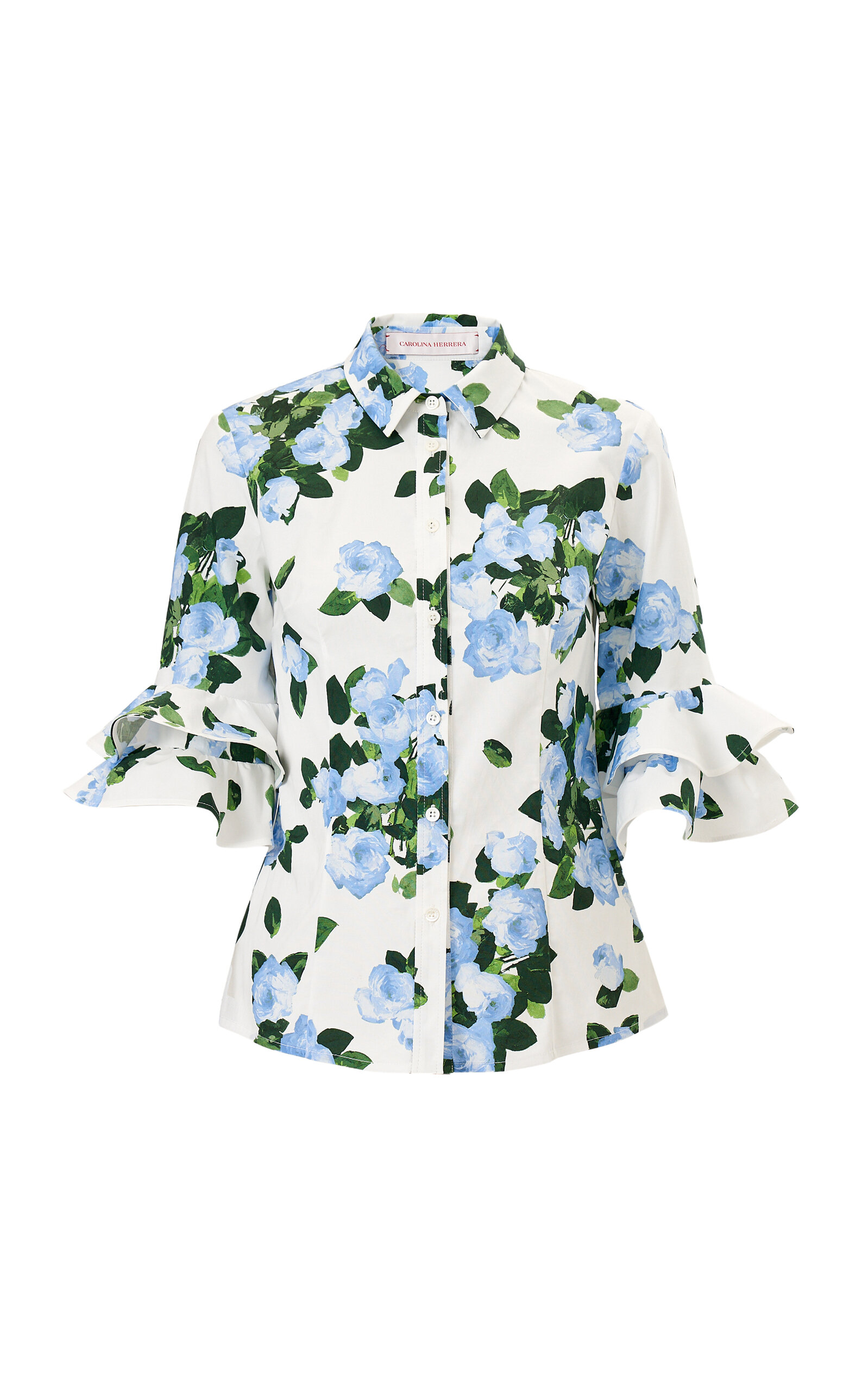 Carolina Herrera Ruffled Painted Rose Cotton Shirt In White