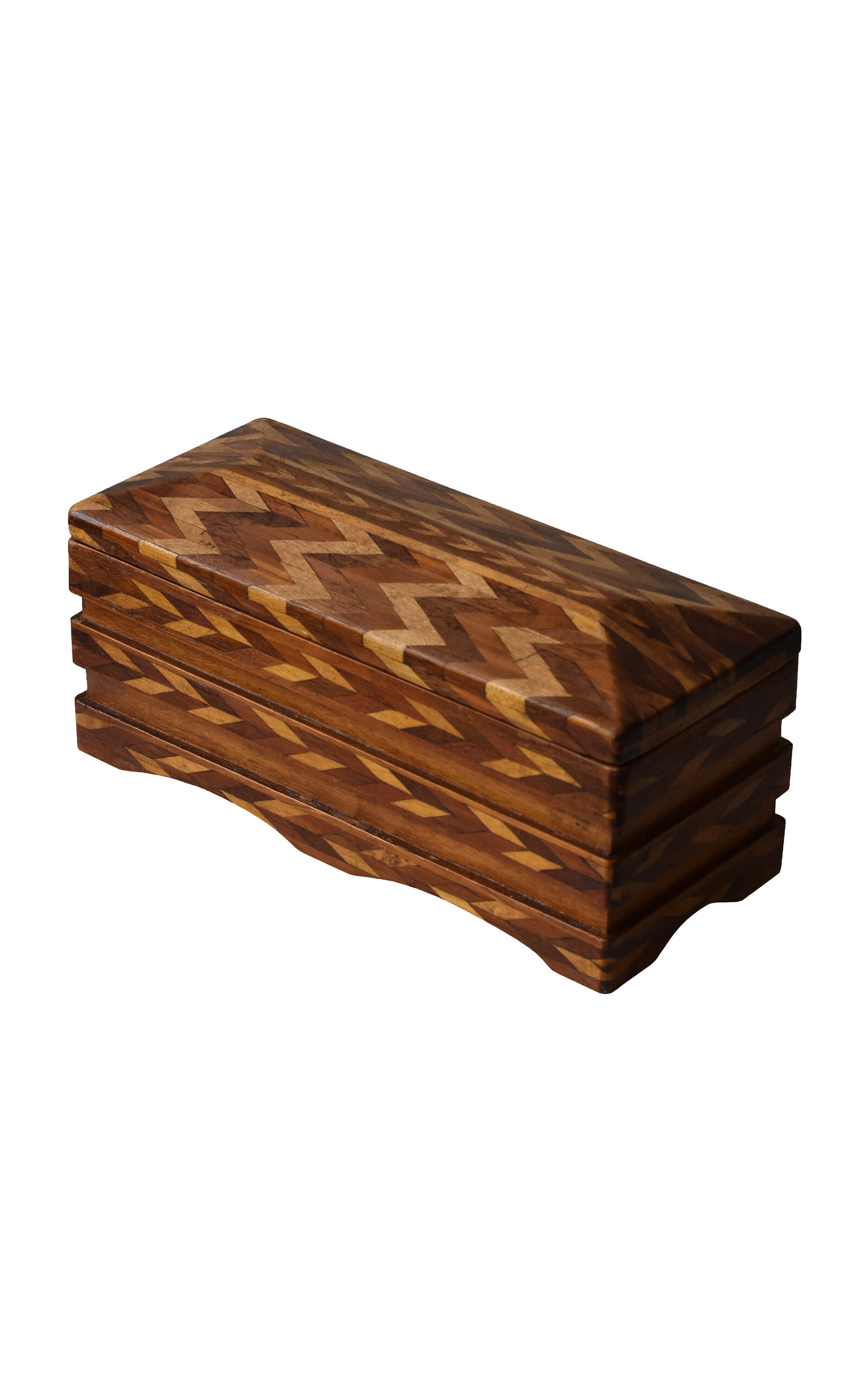 Portmanteau New York Antique Muti-wood Chevron Pattern Parquetry Lidded Box; Circa 1920s In Brown