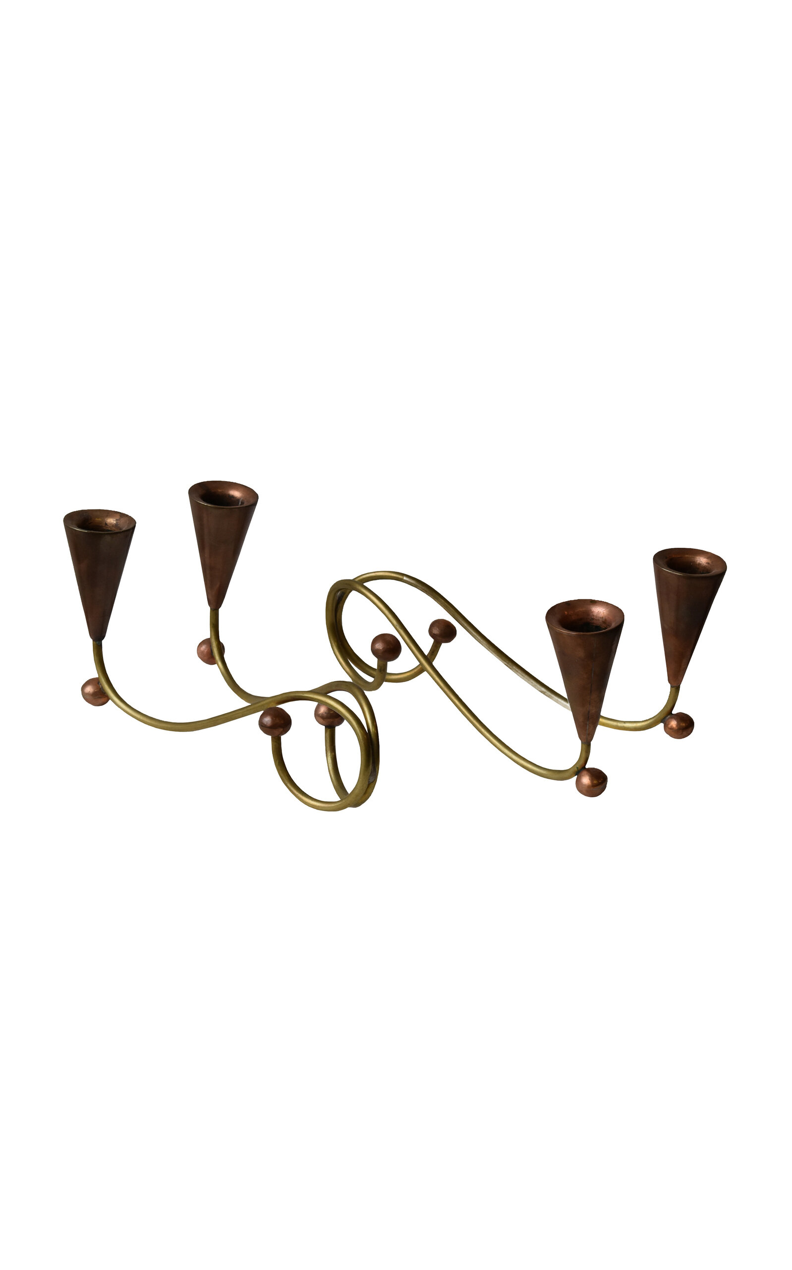 Portmanteau New York Vintage Modernist Brass + Copper Scrolling Conical Candelabras In The Style Of Los Castillos; A Pair; Circa 1960S - Multi